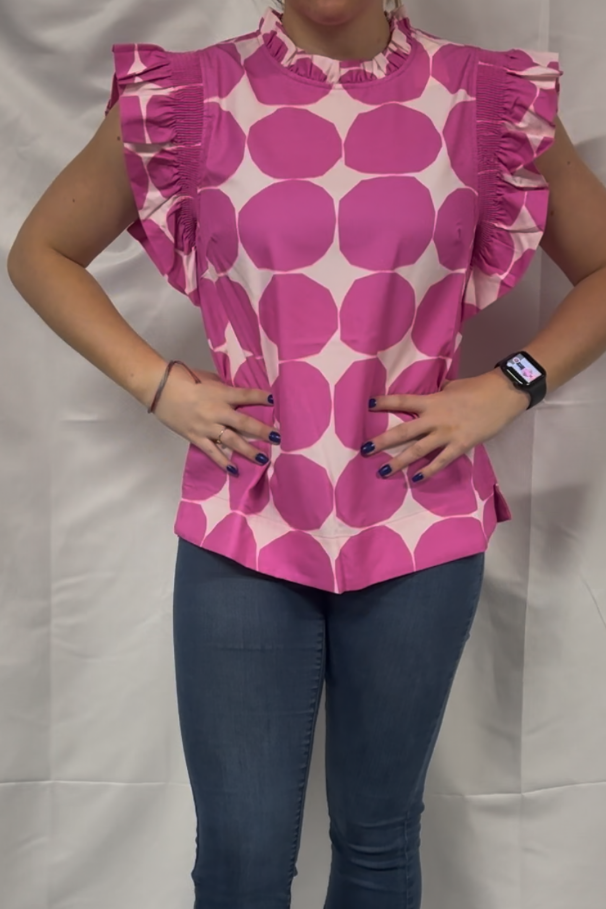 Dot Pattern Ruffle Cap Sleeves Top