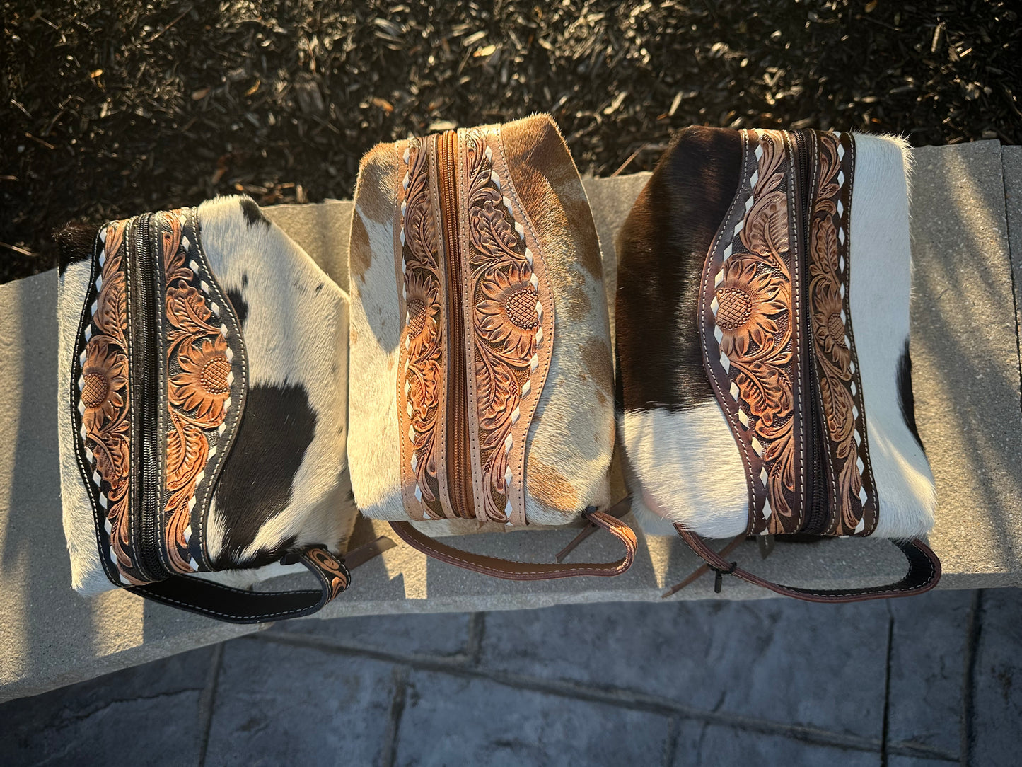 Western Floral Cowhide Leather Travel Cosmetic Storage Case - Toiletry Bags