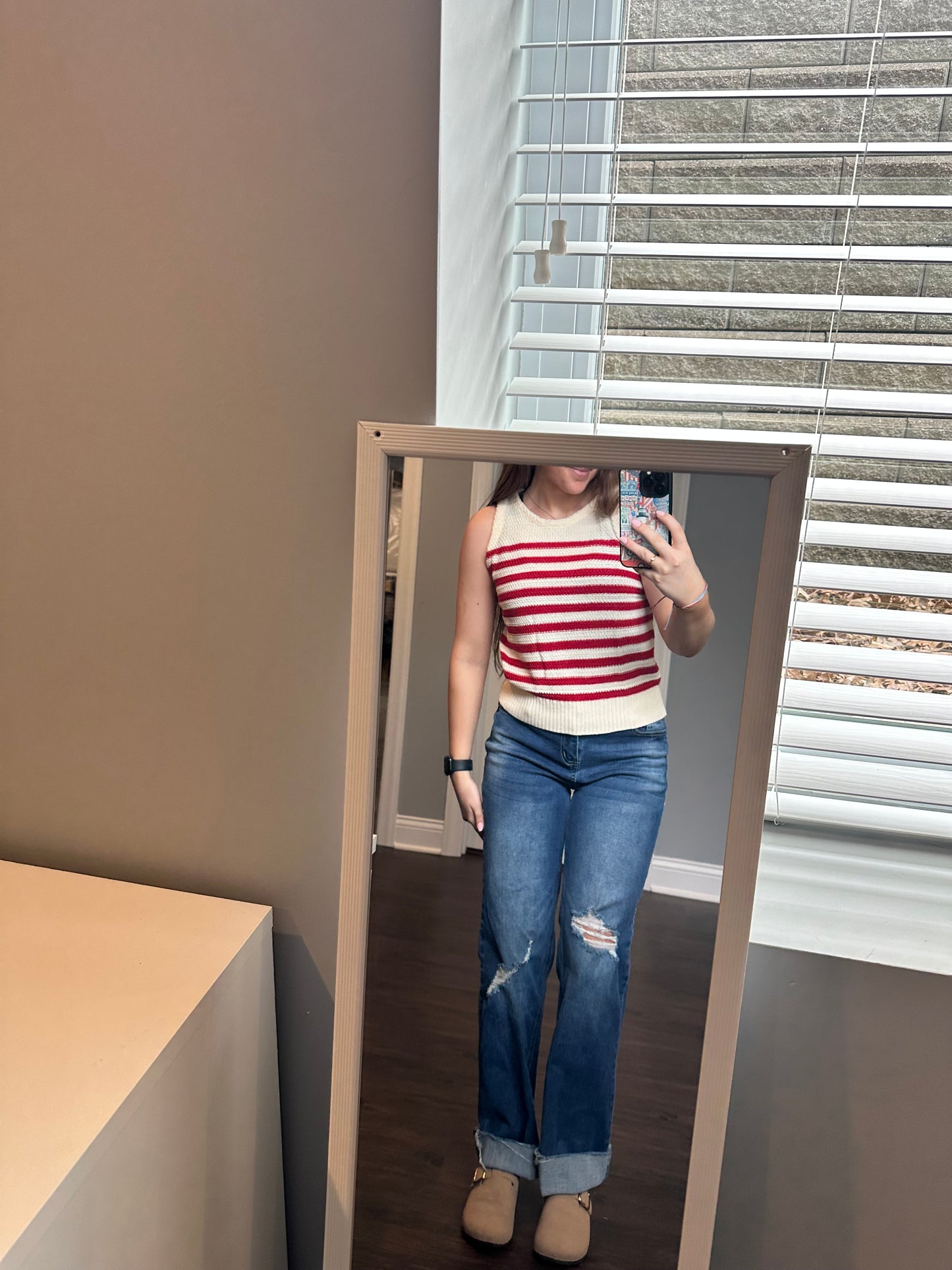 Red Stripe Textured Knit Ribbed Hem Sweater Tank Top