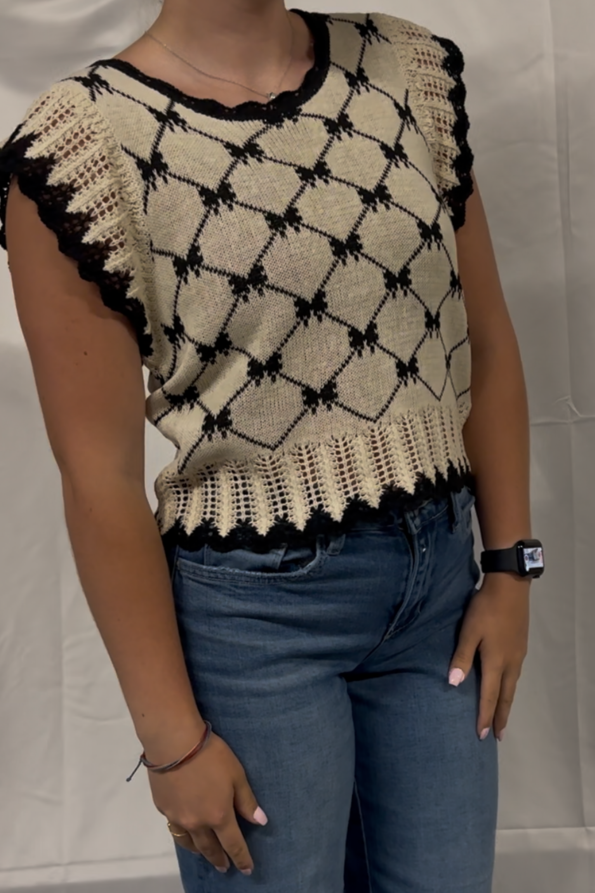 Bow Ribbon Pattern Sweater Top Wtih Back Key Hole