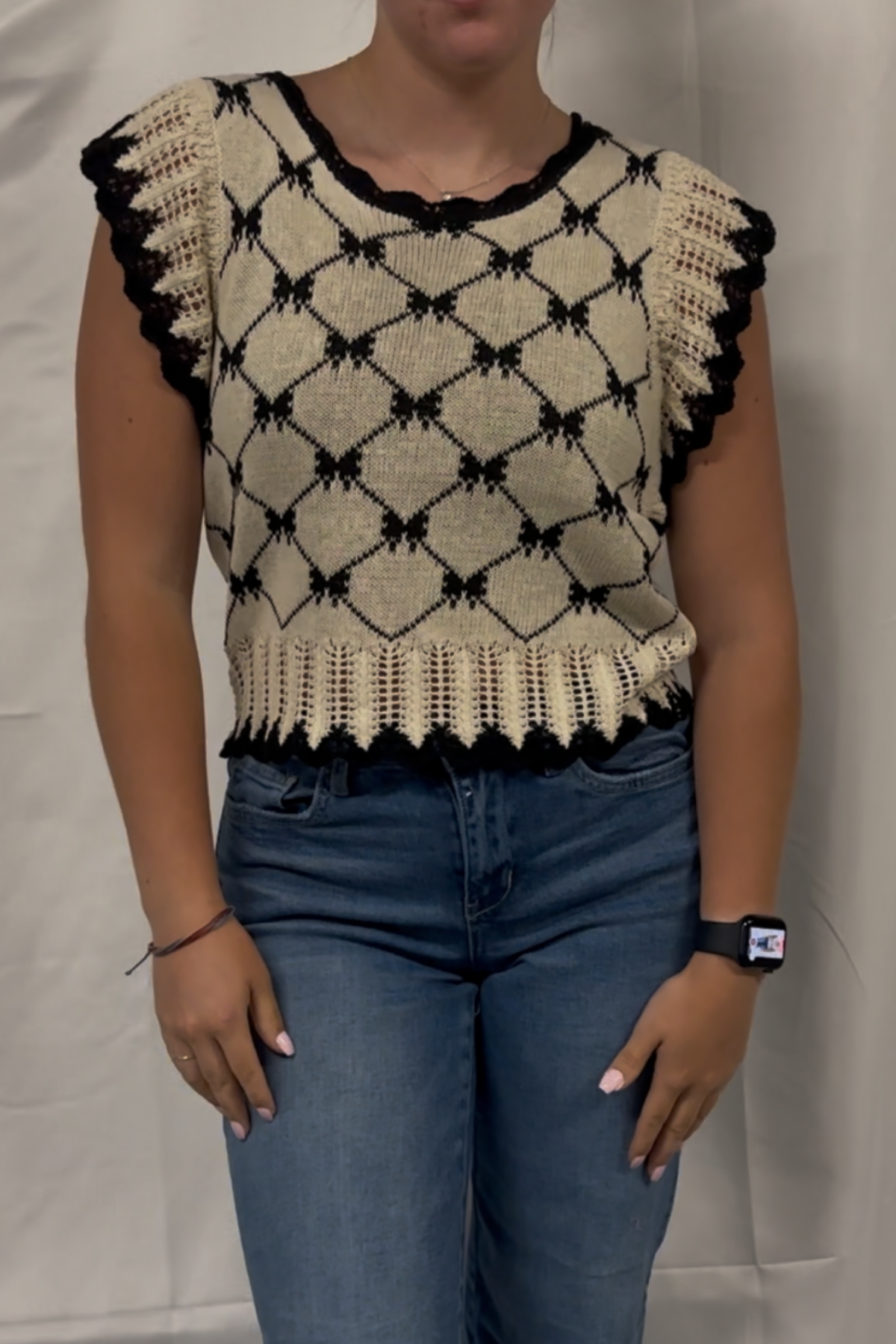 Bow Ribbon Pattern Sweater Top Wtih Back Key Hole