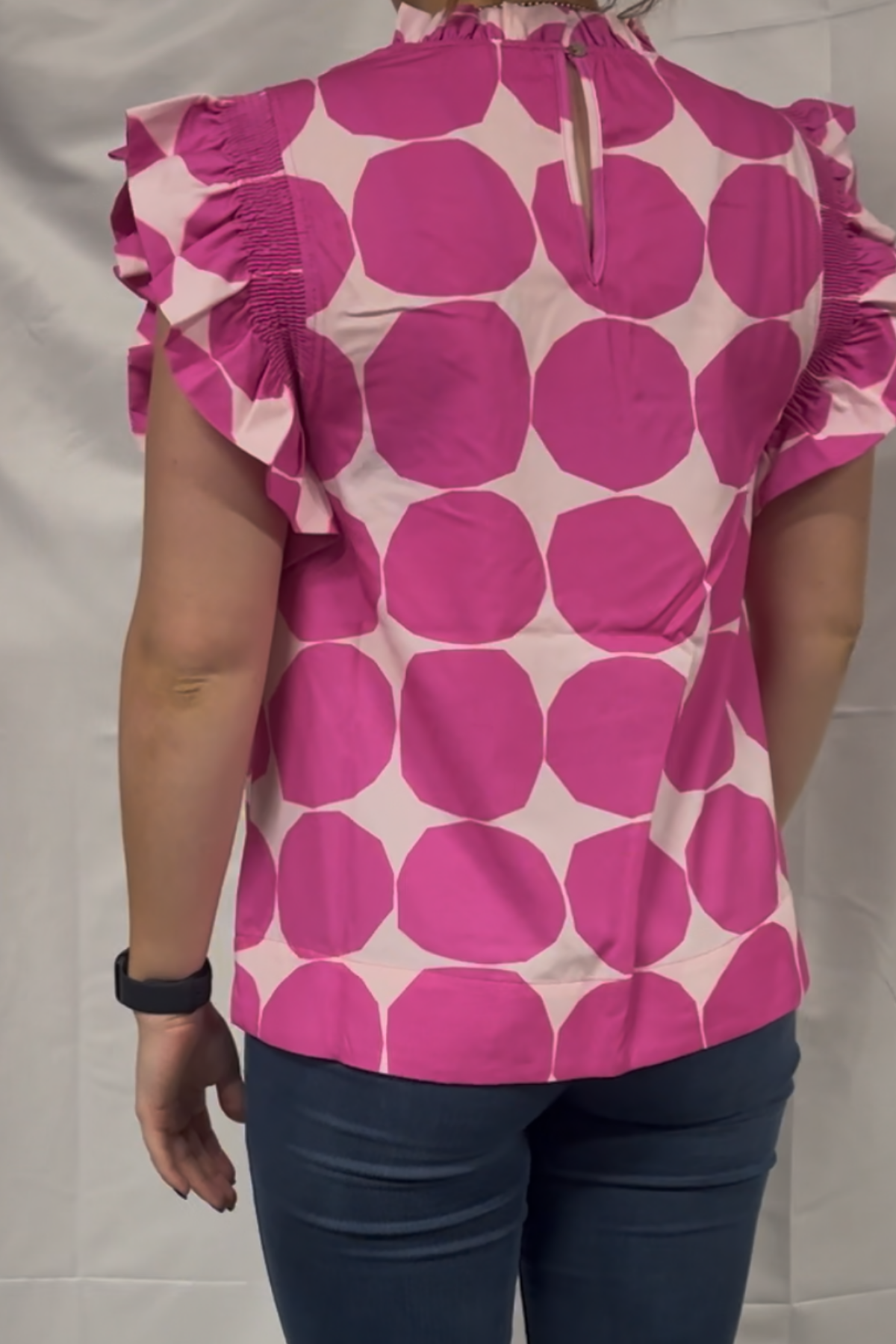 Dot Pattern Ruffle Cap Sleeves Top