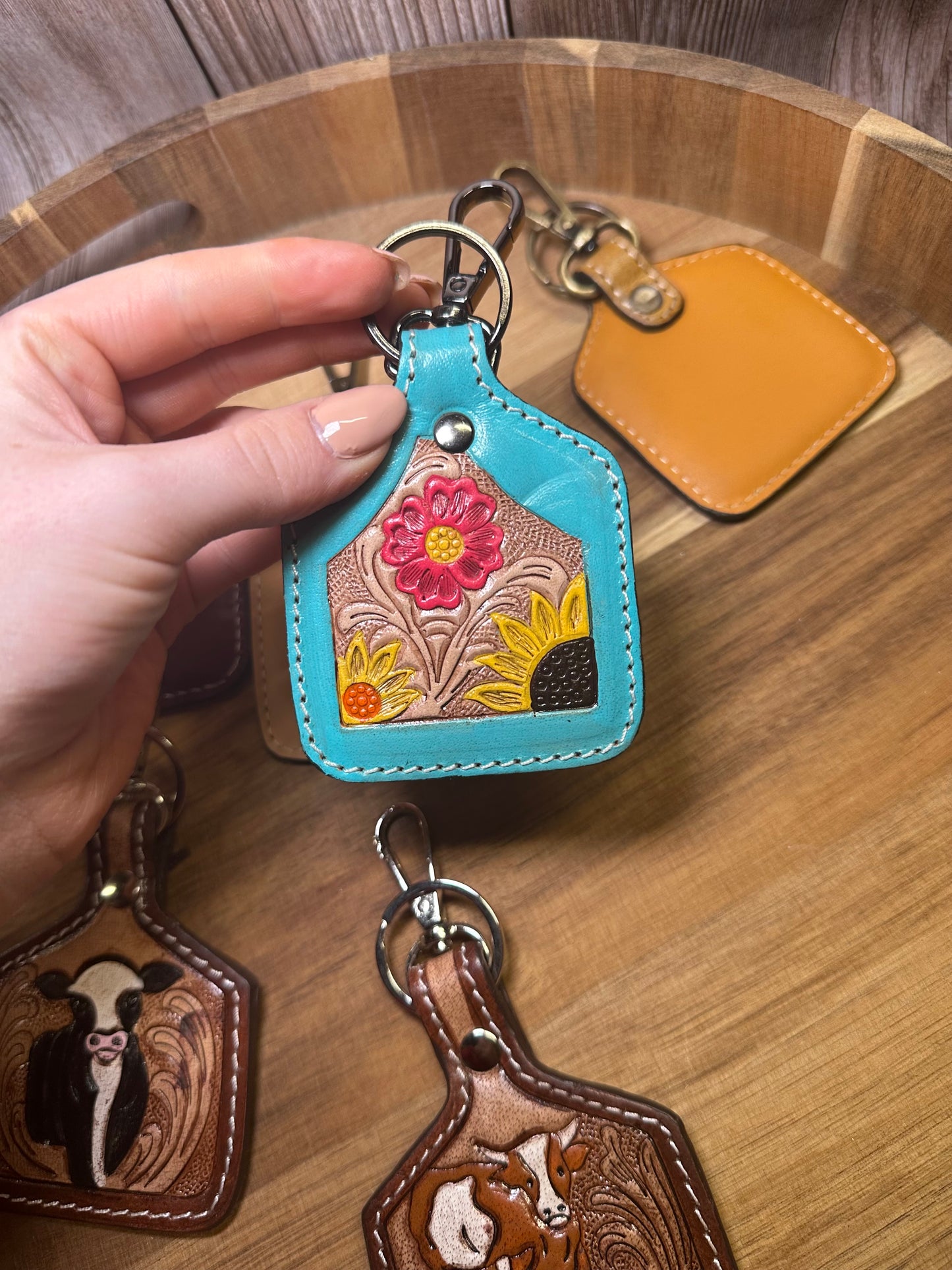 Western Genuine Leather Ear Tag Keychain