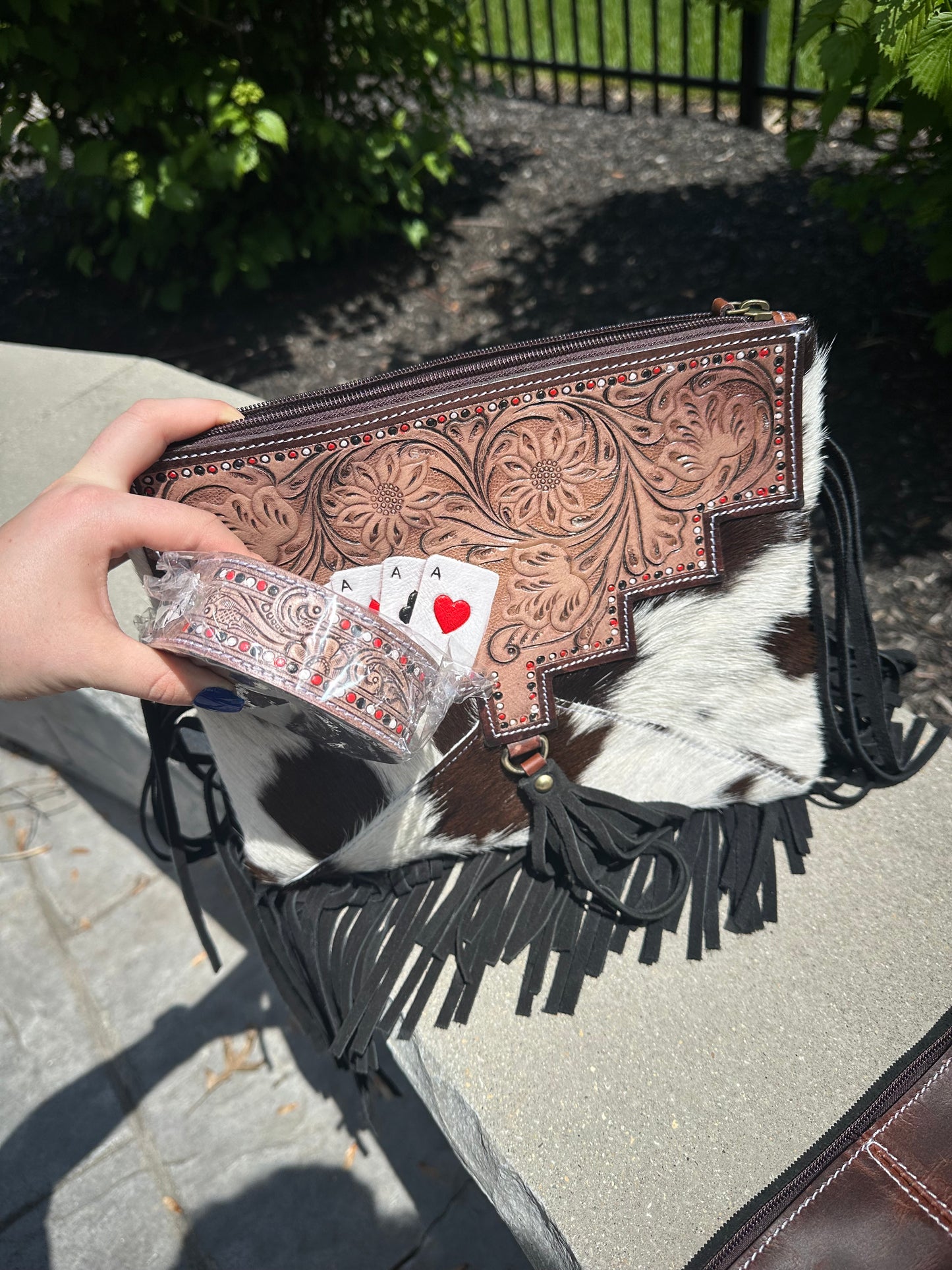 Hand Tooled Genuine Cowhide Leather Fringe Aces Cards Purse