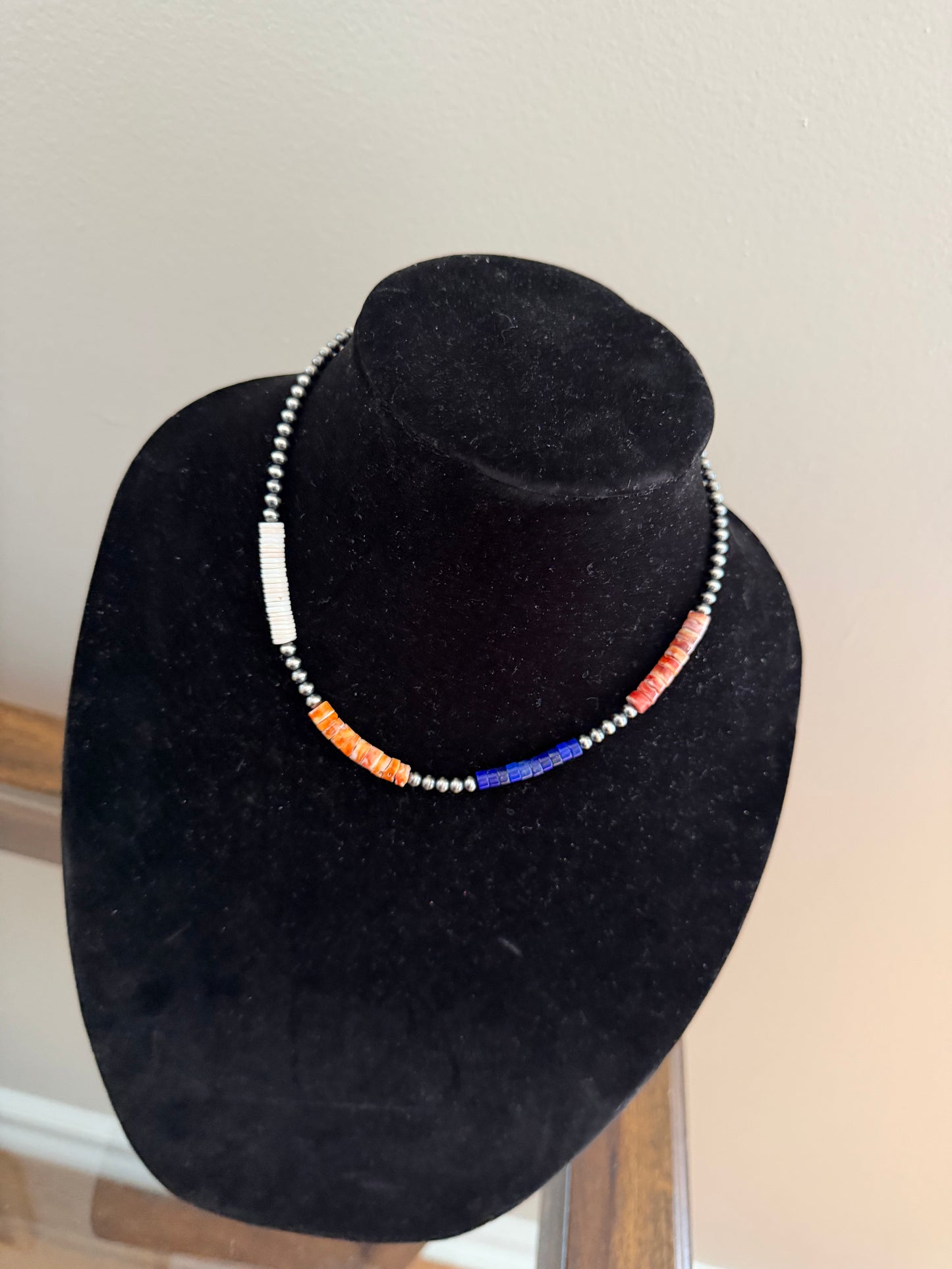 Multi stone Heishi bead x sterling pearl necklace