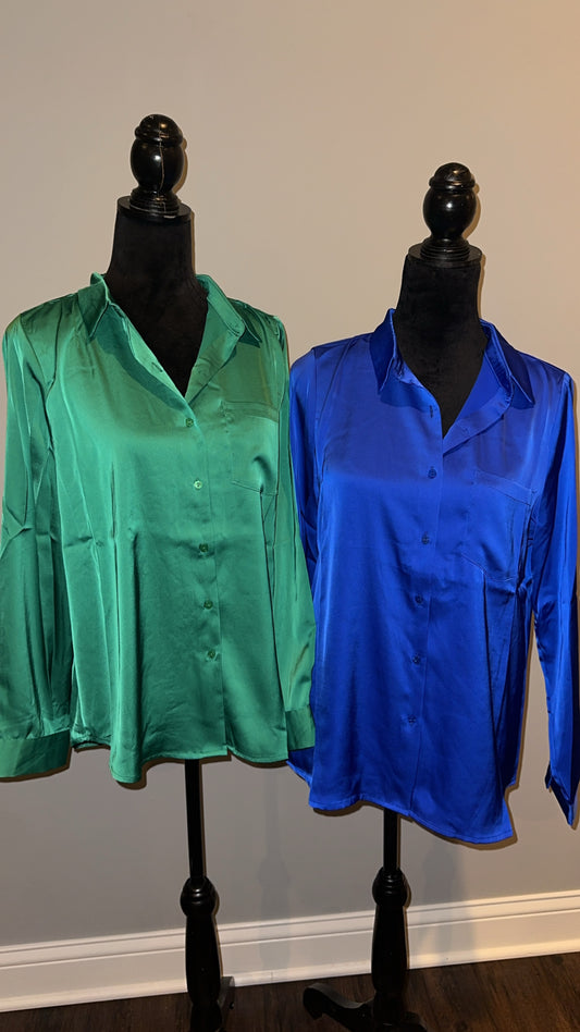 LONG SLEEVE SATIN BUTTON DOWN SHIRT WITH POCKET *6colors