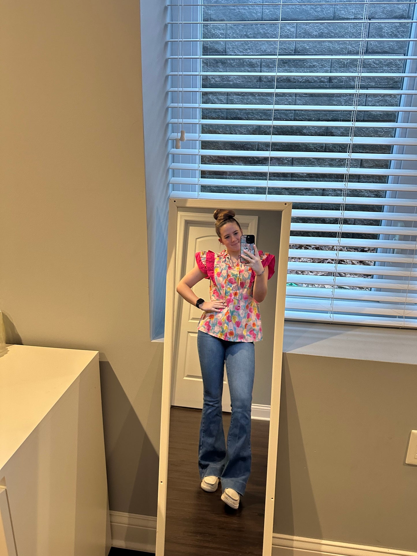 Pink Floral Layered Ruffle Flutter Sleeve Tie V Neck Blouse
