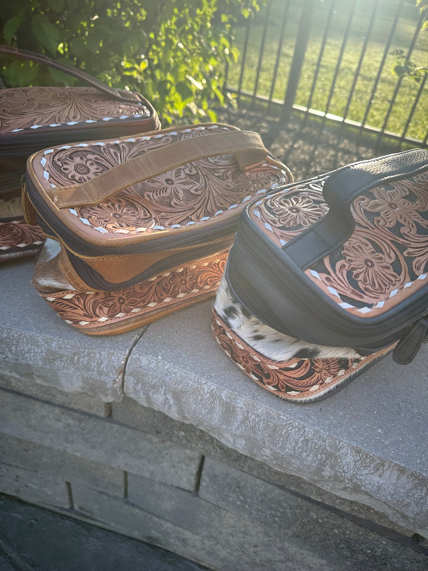Hand Tooled Leather Cosmetic Make up Bag Women Travel Portable Pouch - Luxury Toiletry Bag