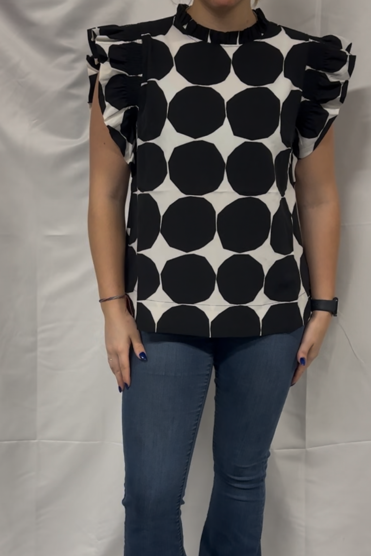 Dot Pattern Ruffle Cap Sleeves Top