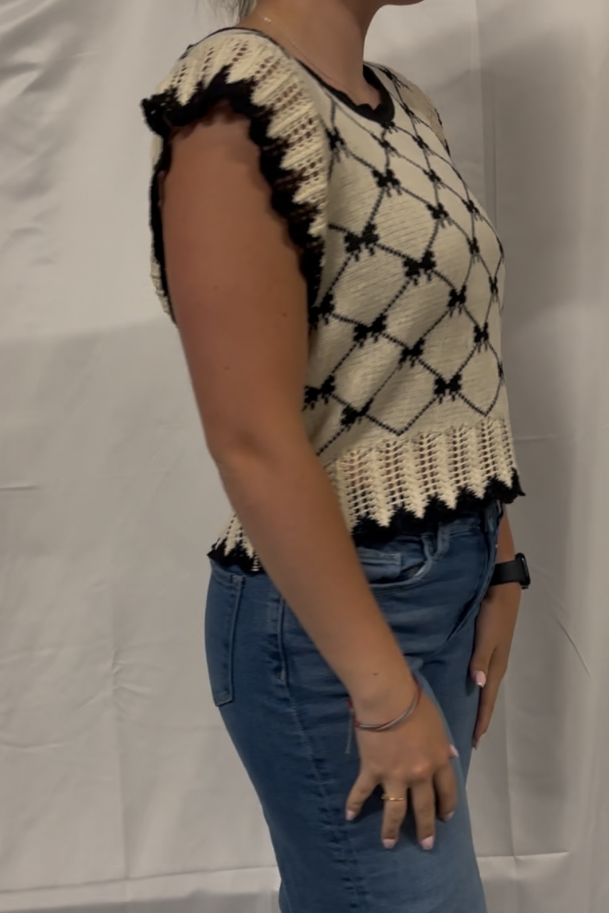 Bow Ribbon Pattern Sweater Top Wtih Back Key Hole