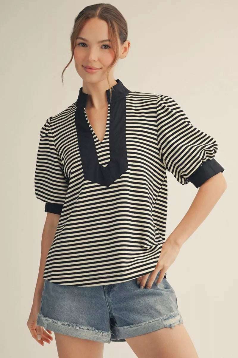 Striped puff sleeve v neck top