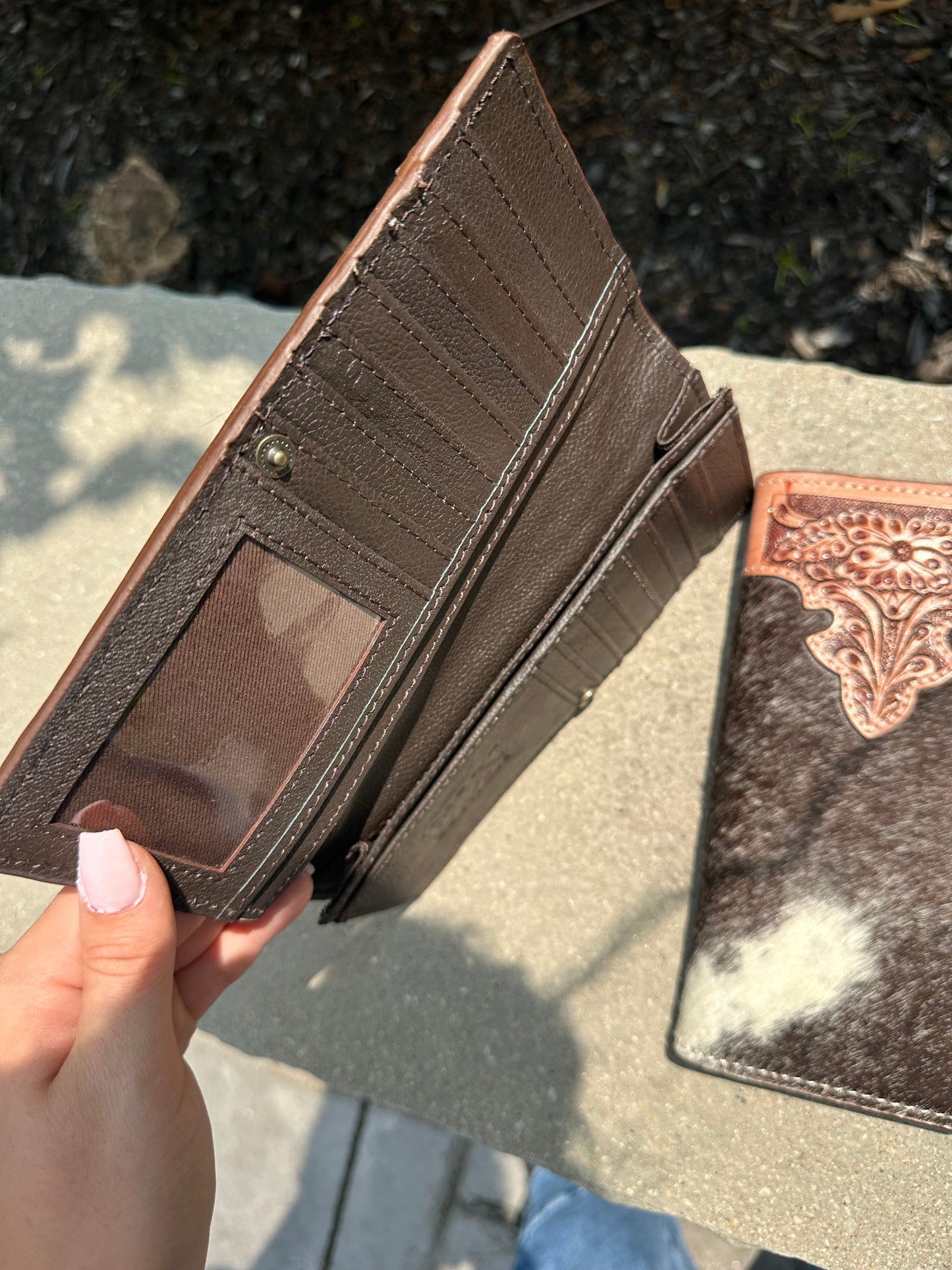 Hand Tooled Leather Detail / cowhide Long Bifold Wallet