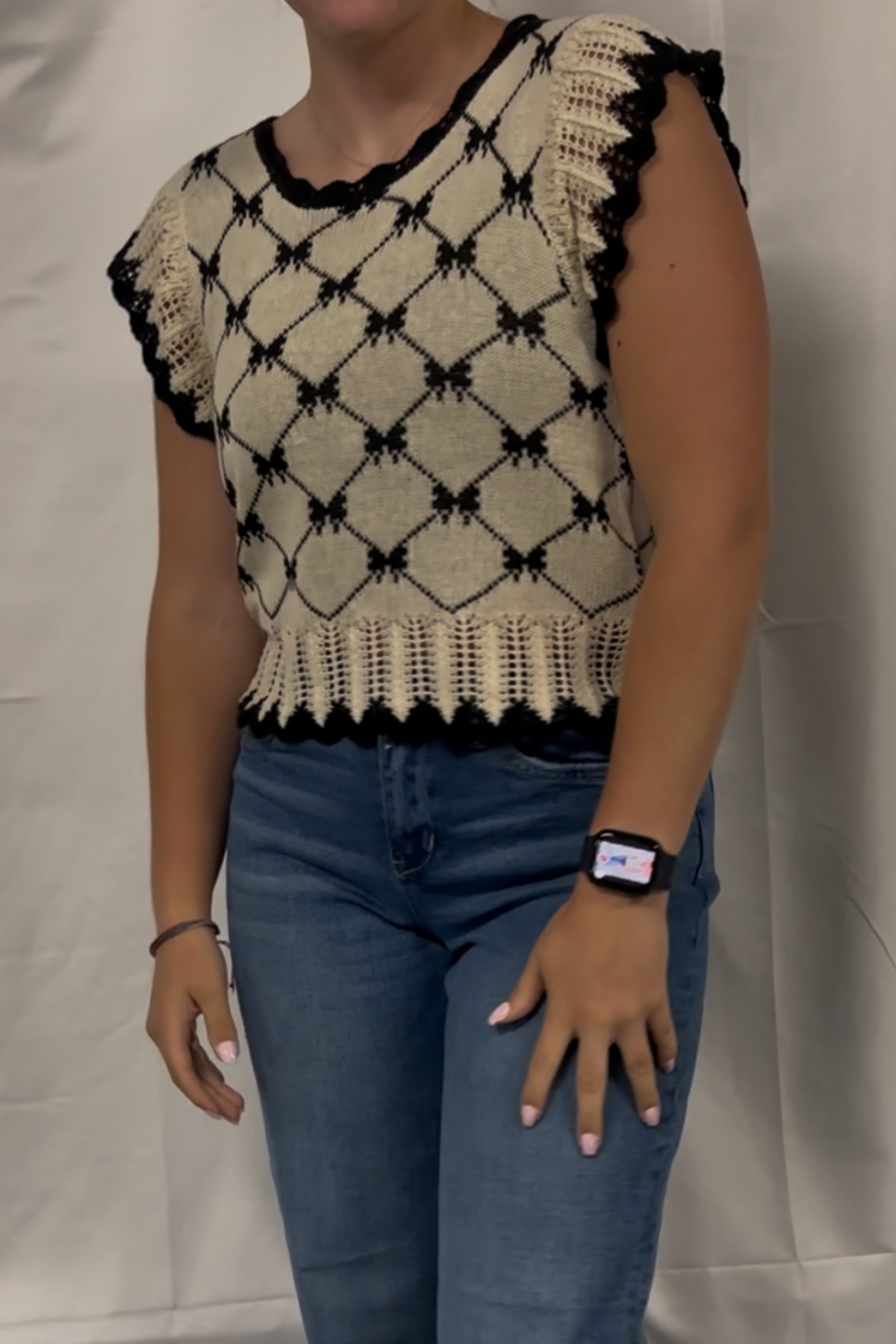 Bow Ribbon Pattern Sweater Top Wtih Back Key Hole