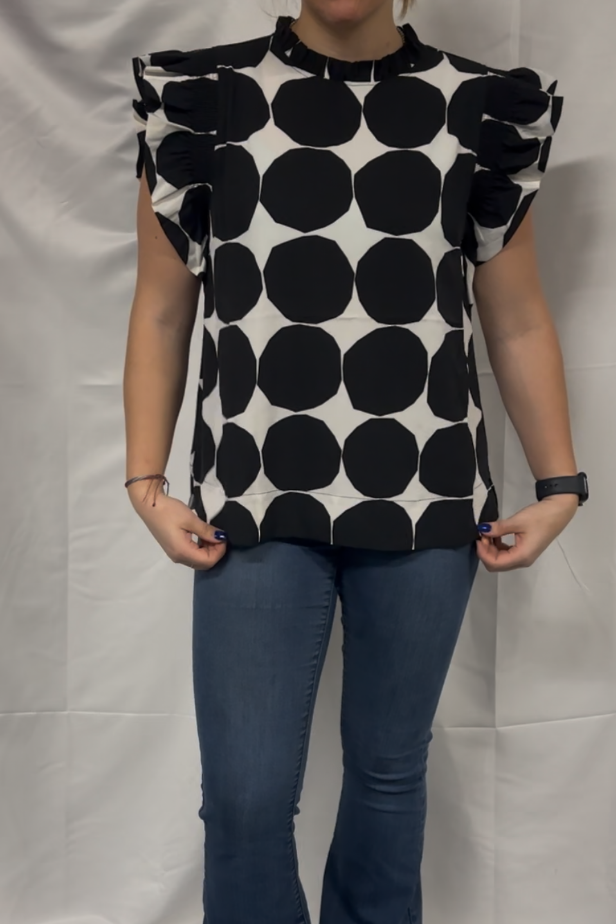 Dot Pattern Ruffle Cap Sleeves Top