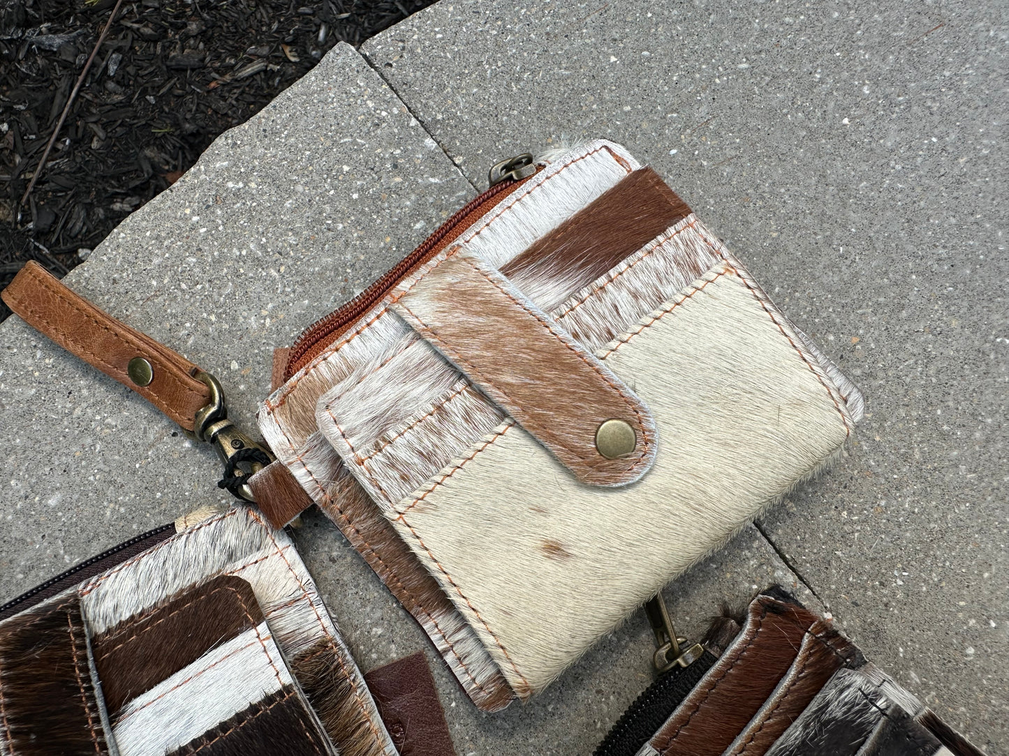 Cowhide Leather Credit Card Holder With Wristlet Zipper Coin Purses *3styles