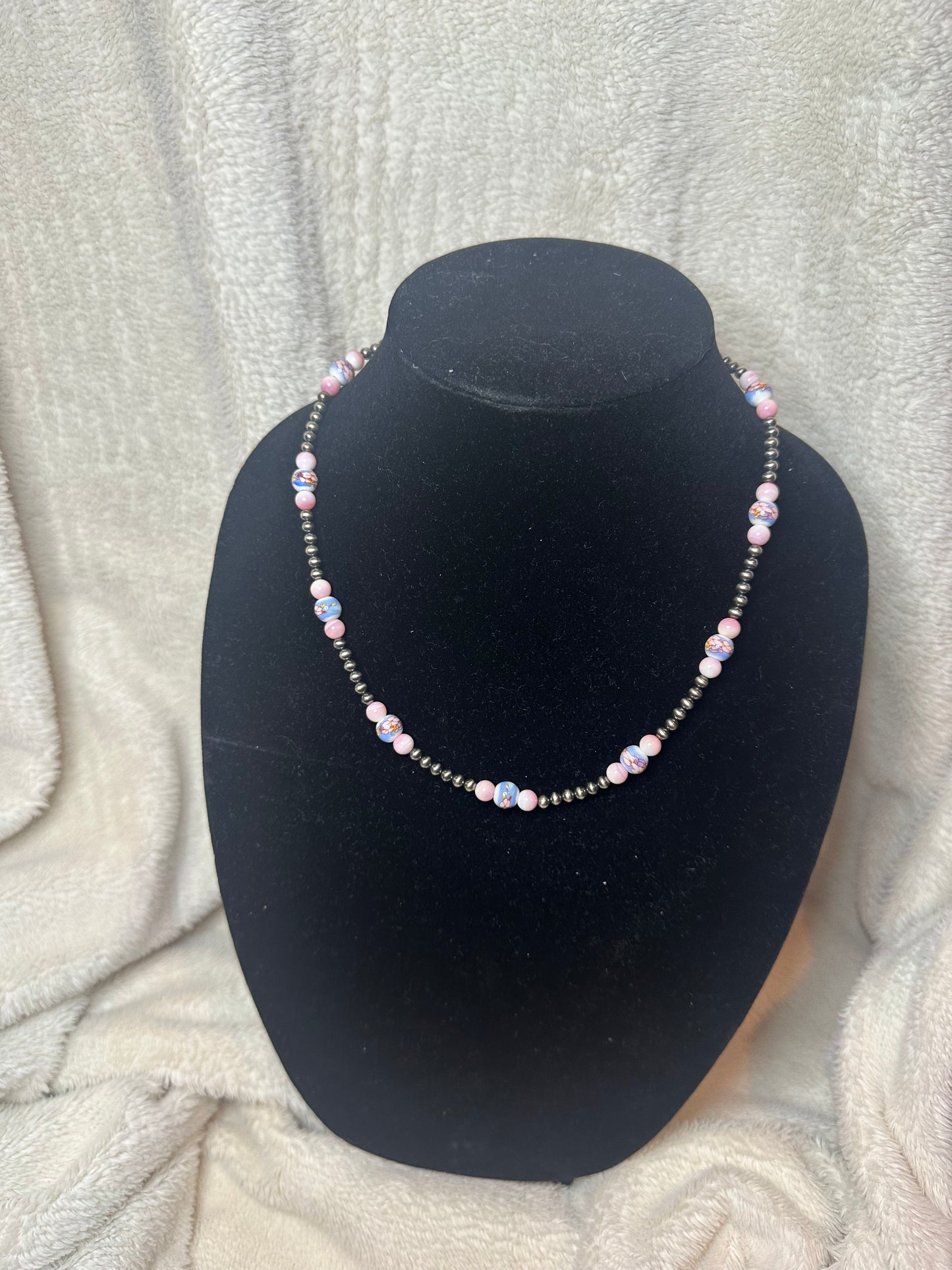 4mm pearl + 6mm pink conch + 8mm ceramic necklace - sterling silver pearls