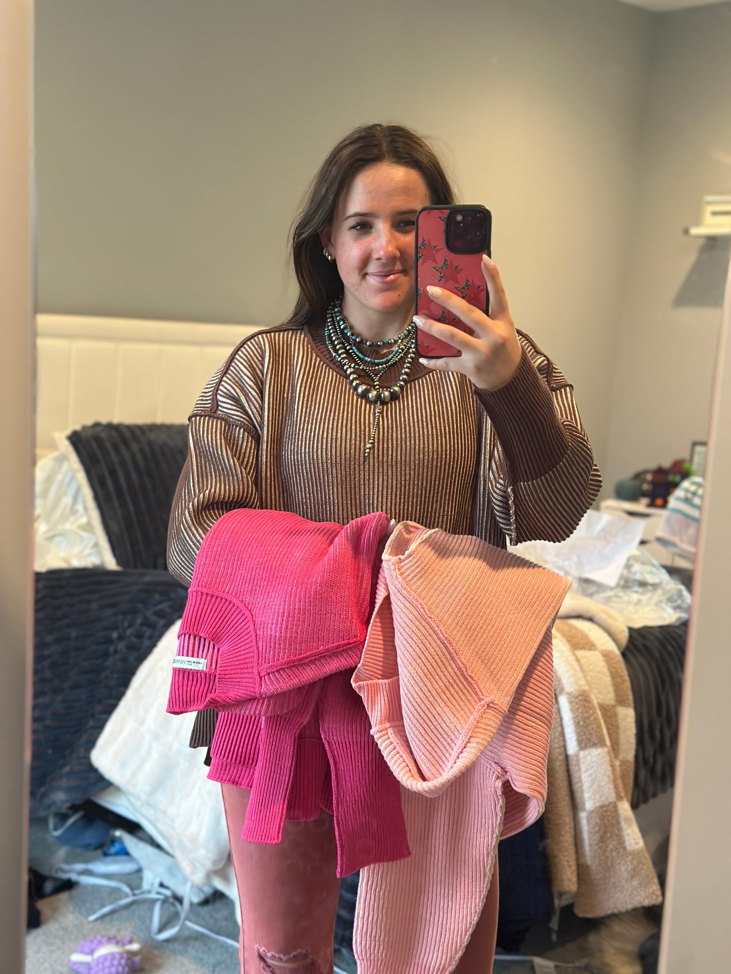 Exposed seam two tone sweater