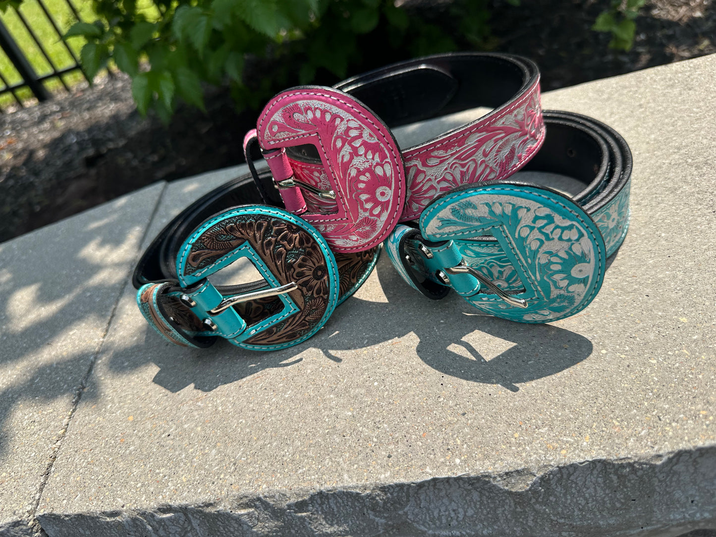 Hand Tooled Genuine Leather Wide Rounded Buckles Belt *3colors