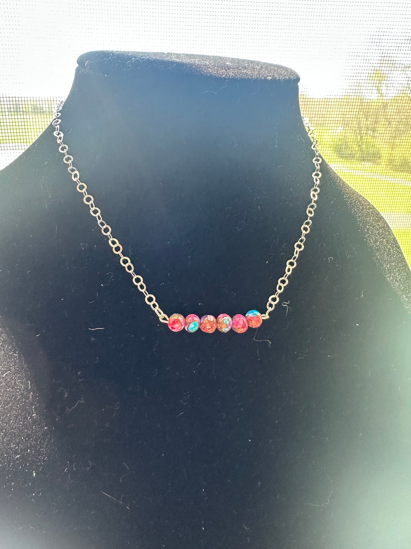 Purple Dahlia beaded bar - Sterling Silver chain necklace