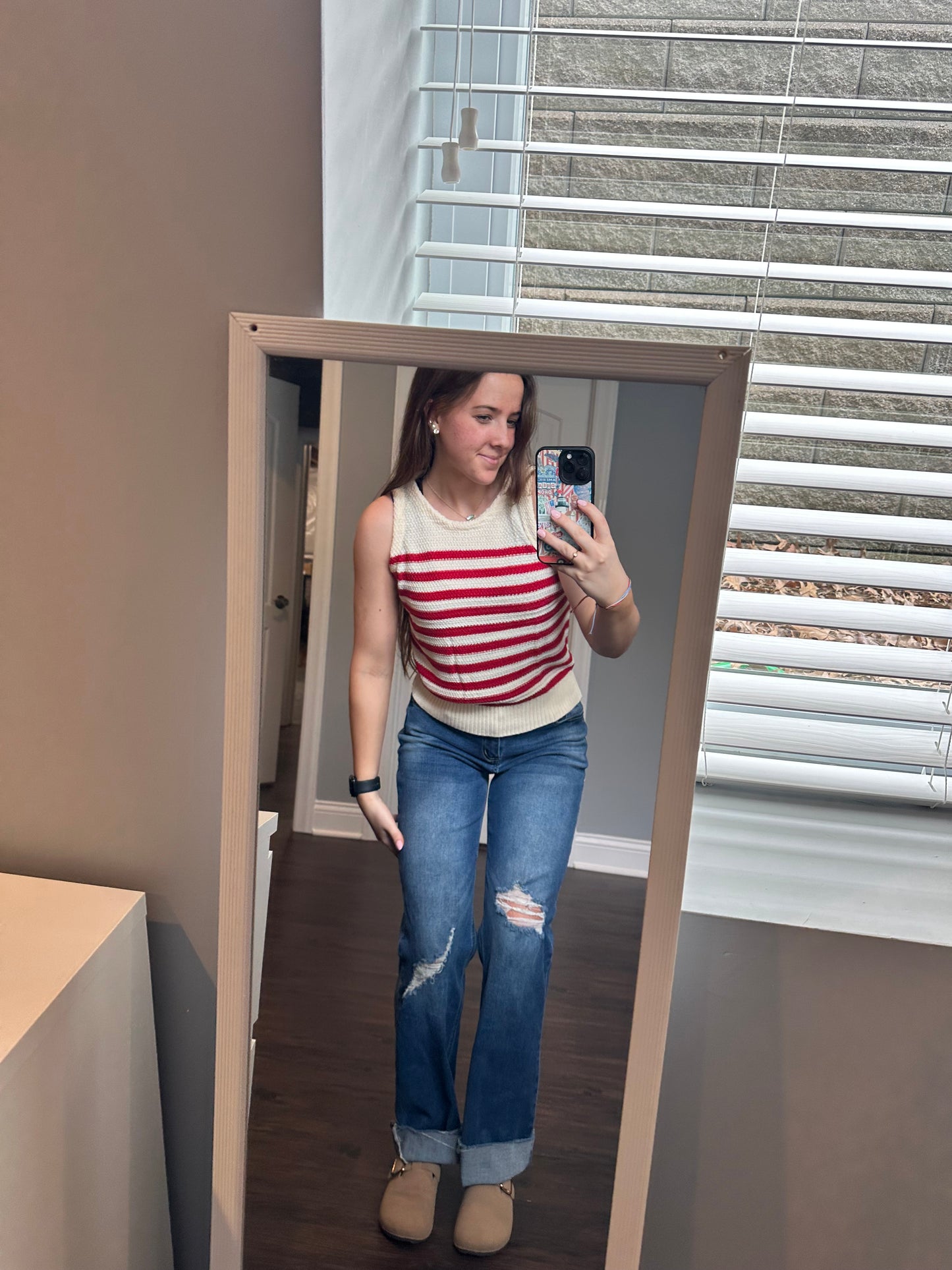 Red Stripe Textured Knit Ribbed Hem Sweater Tank Top