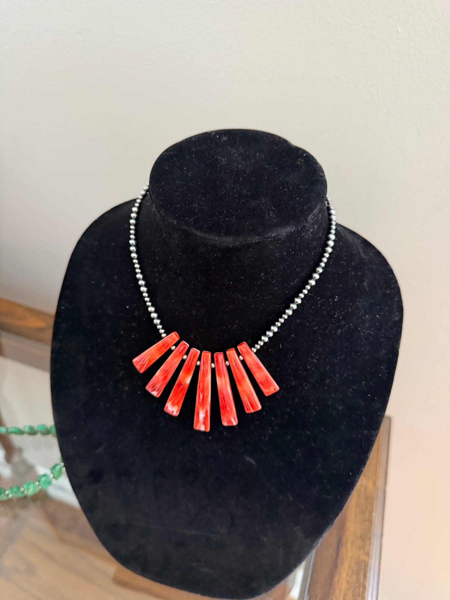Graduated red spiny x Sterling pearl necklace
