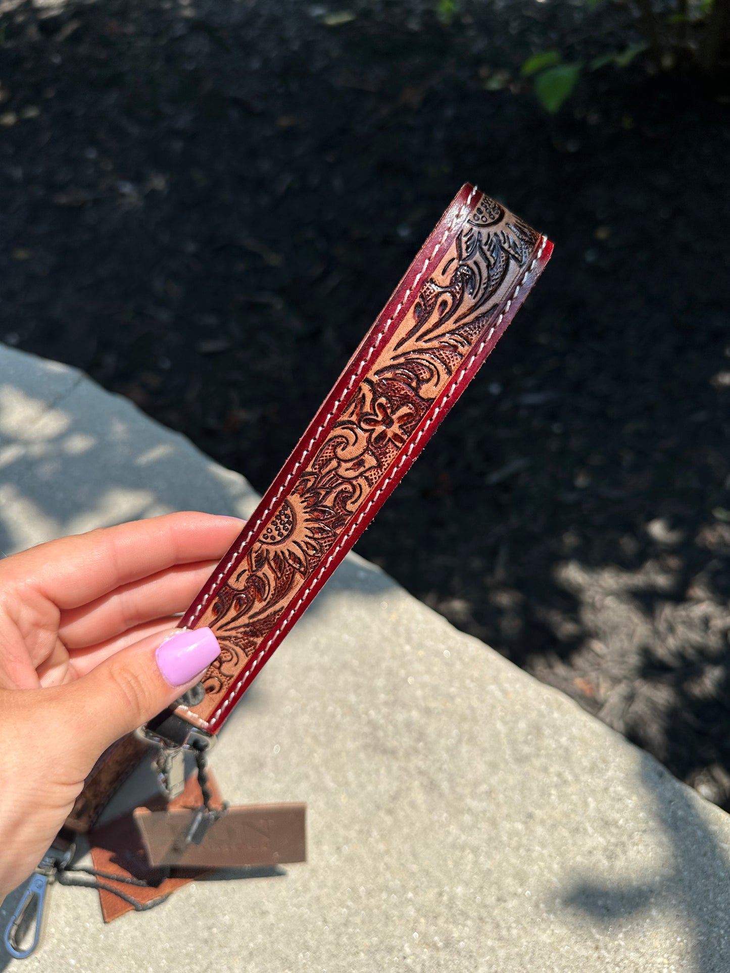 Tooled Leather Keychain - burgundy/dark brown/ sunflower