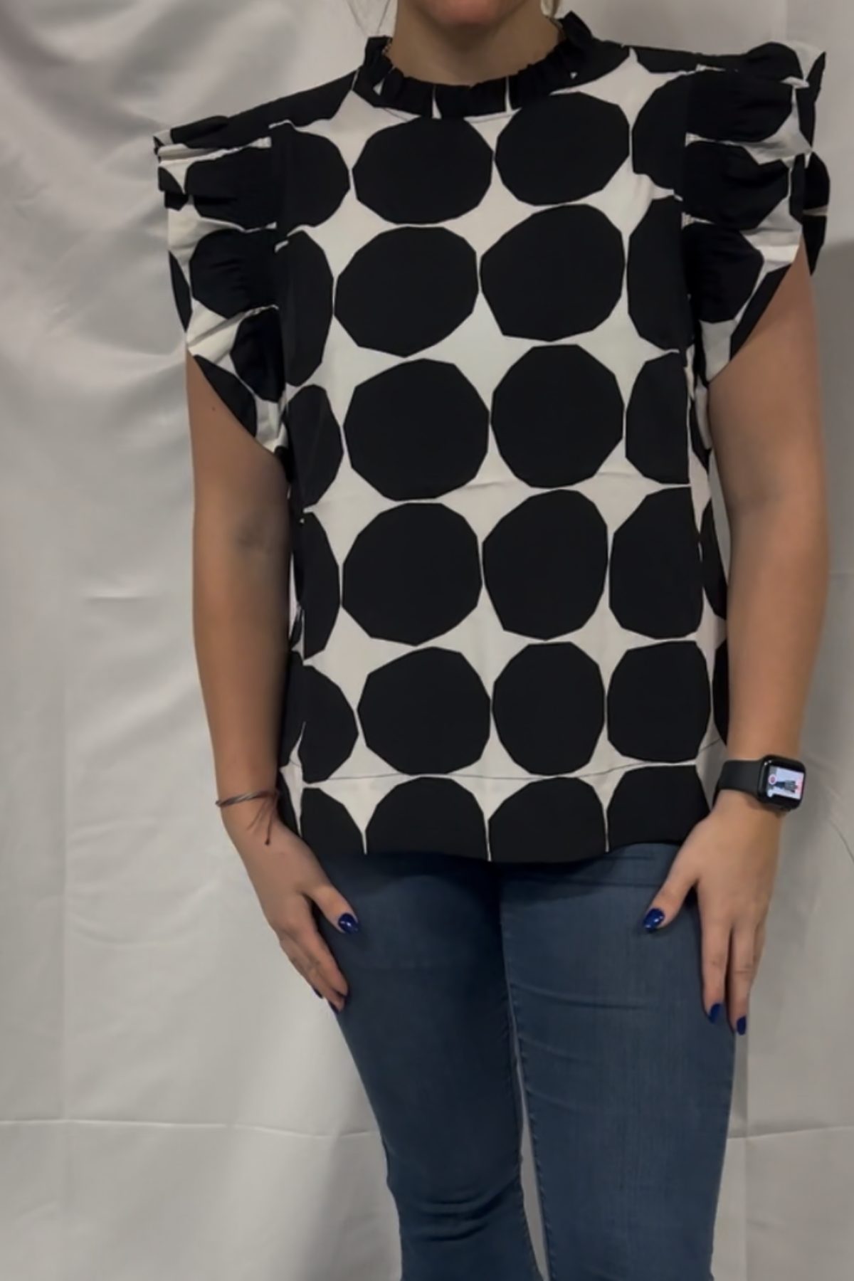 Dot Pattern Ruffle Cap Sleeves Top