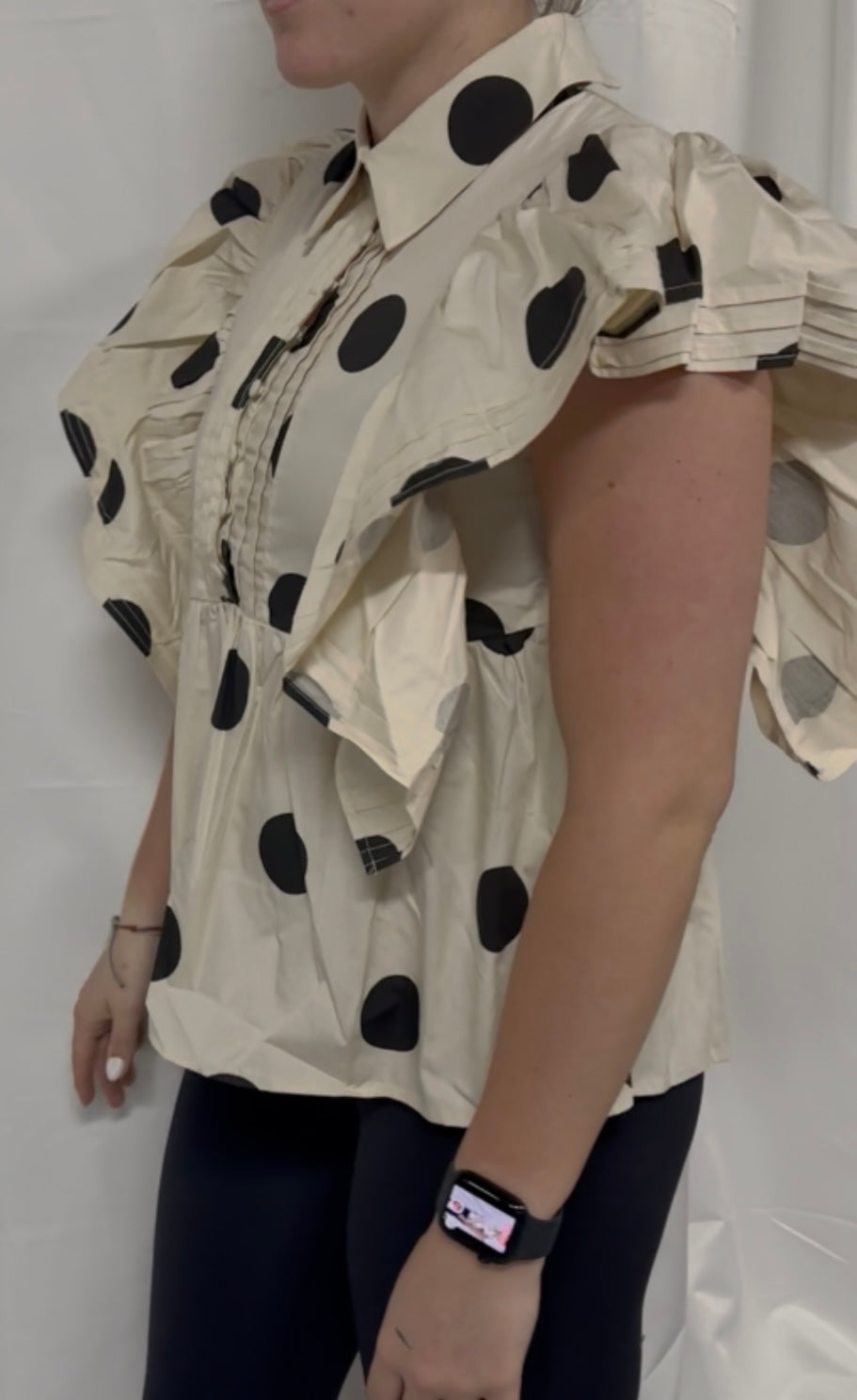 Dot Print Woven Ruffled Sleeves Button Up Top