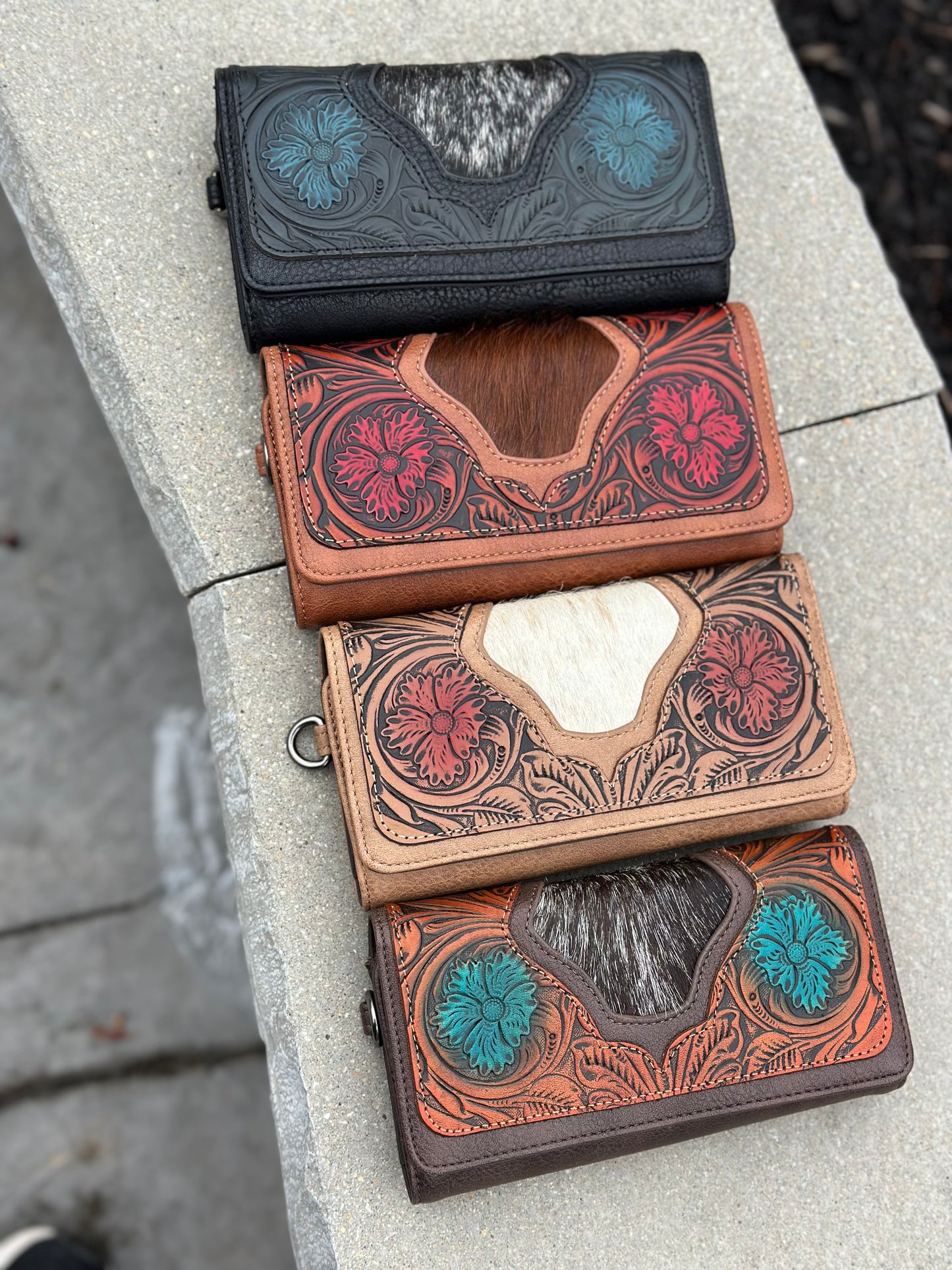 Trinity Ranch Floral Tooled and Hair-On Cowhide Collection Wallet