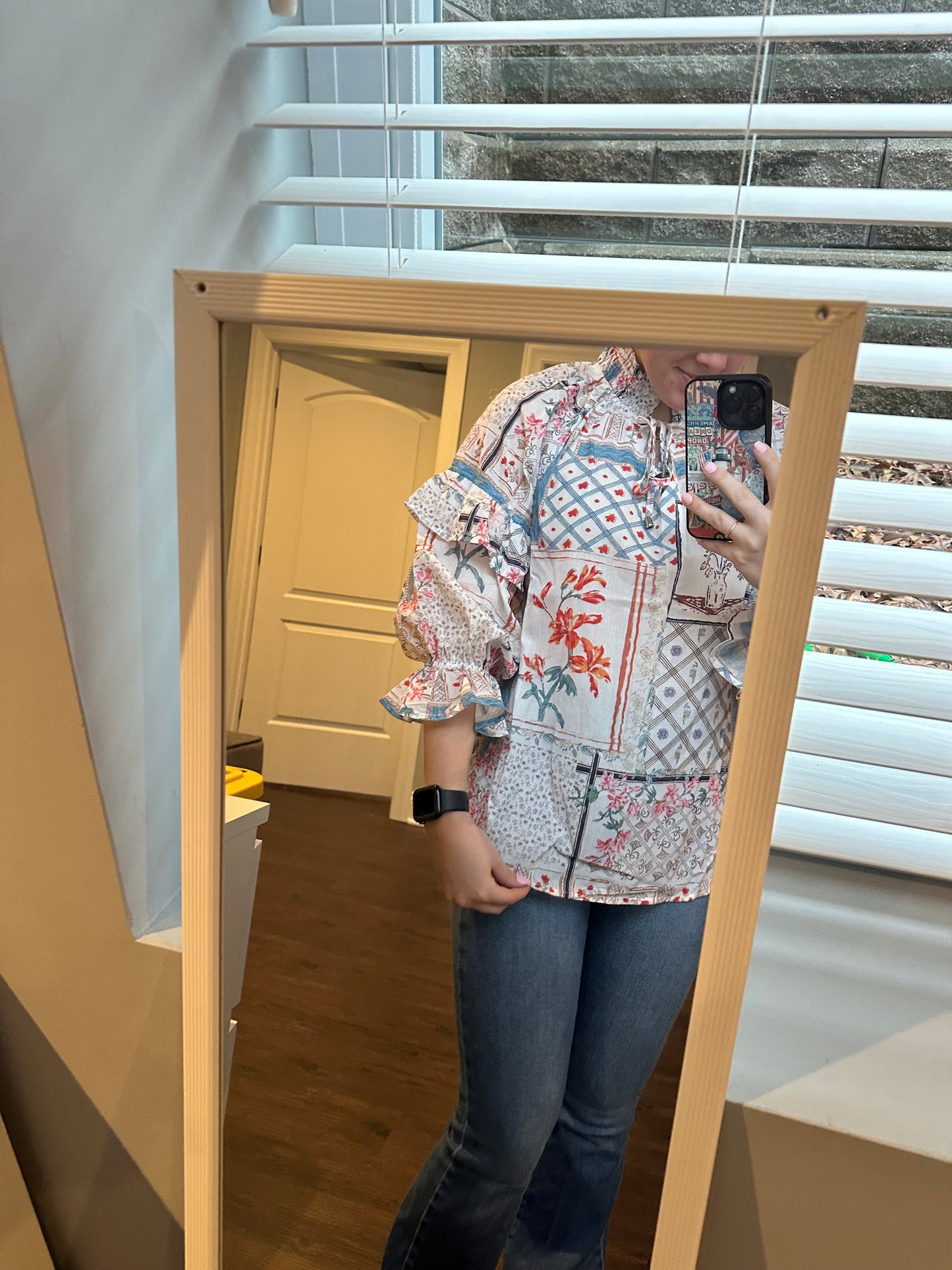 Multicolour Boho Floral Patched Ruffled Sleeve Tied Neck Blouse