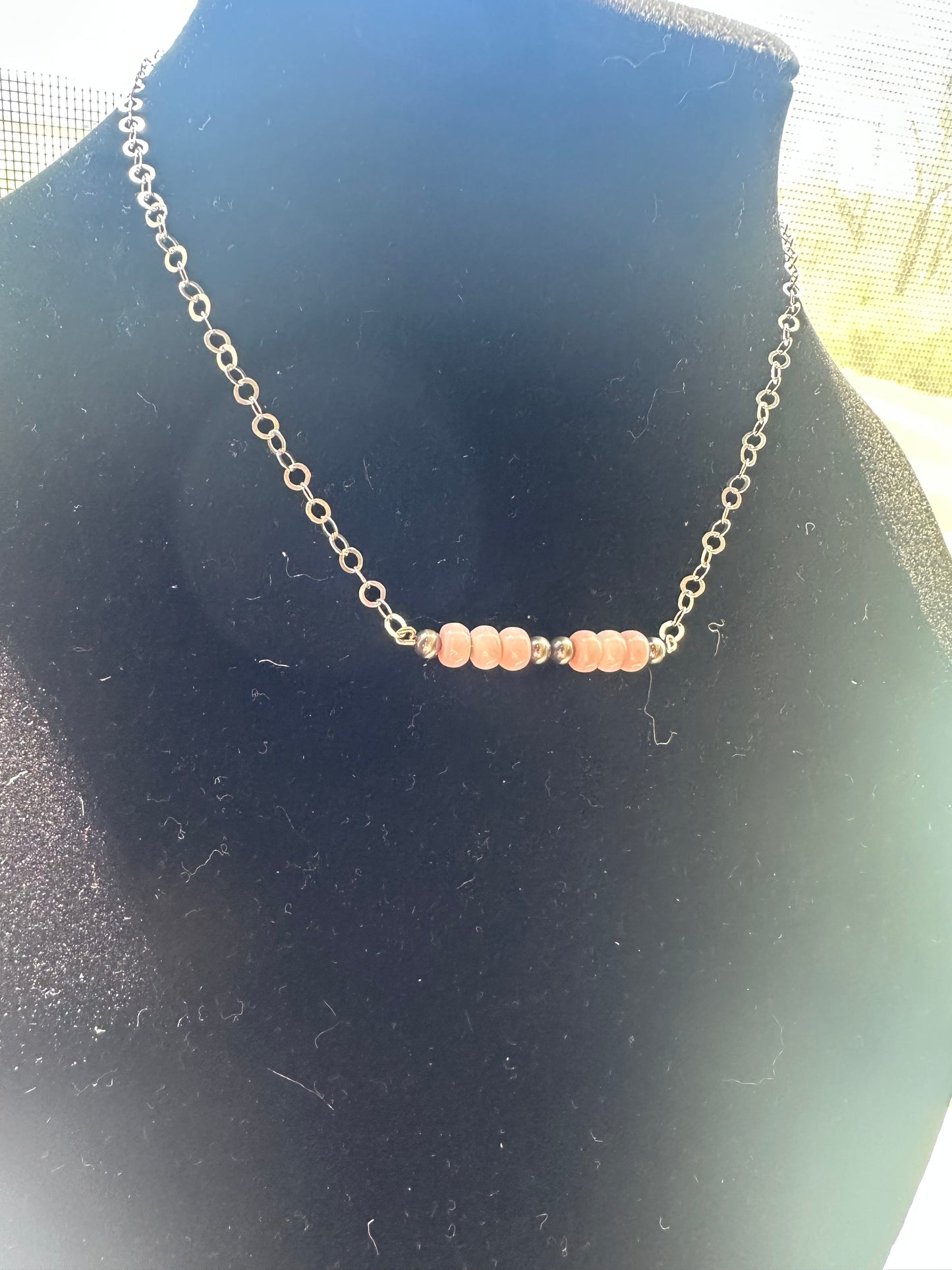queen pink conch + 4mm sterling silver bead bar - Sterling Silver chain necklace