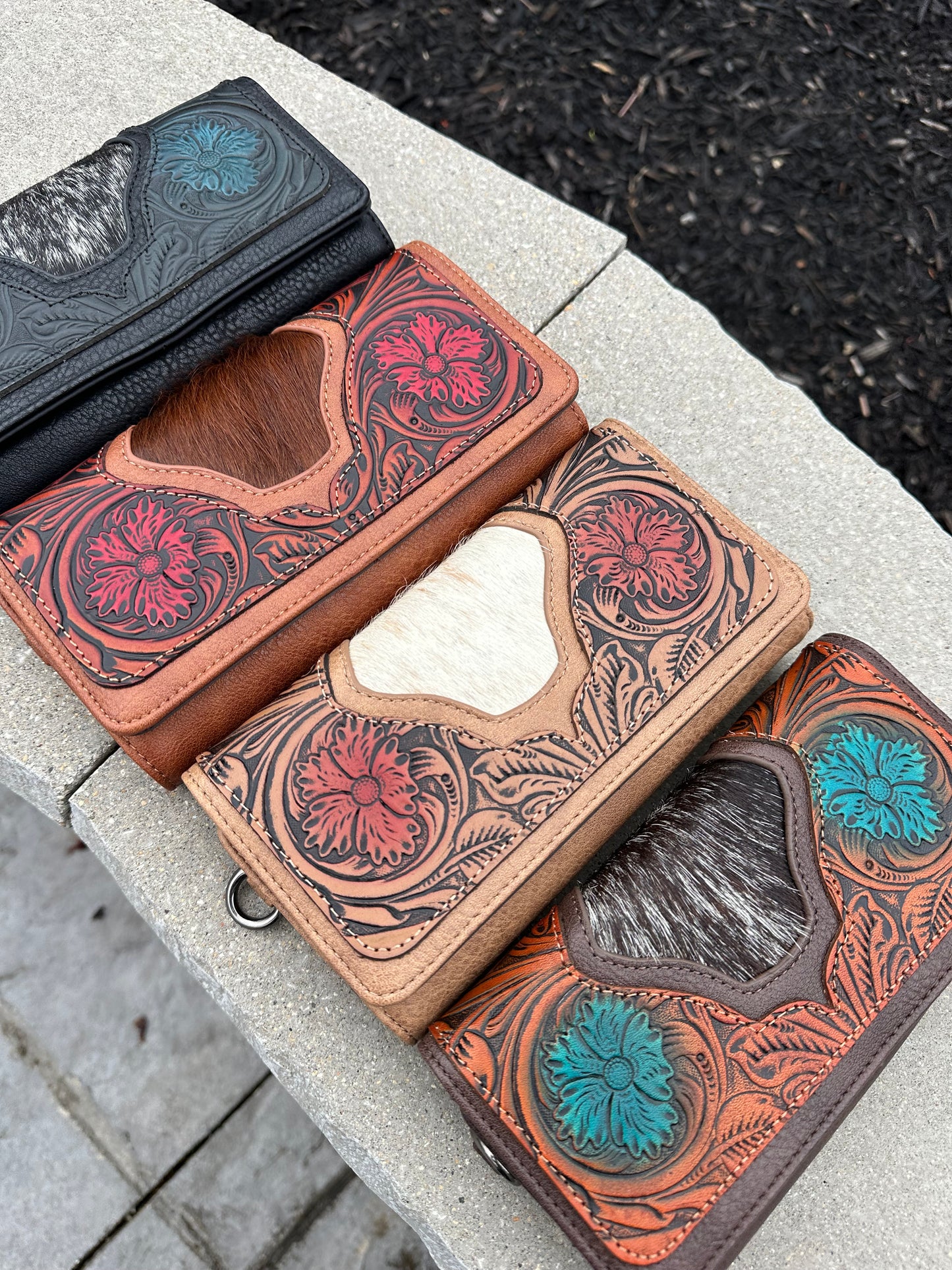 Trinity Ranch Floral Tooled and Hair-On Cowhide Collection Wallet