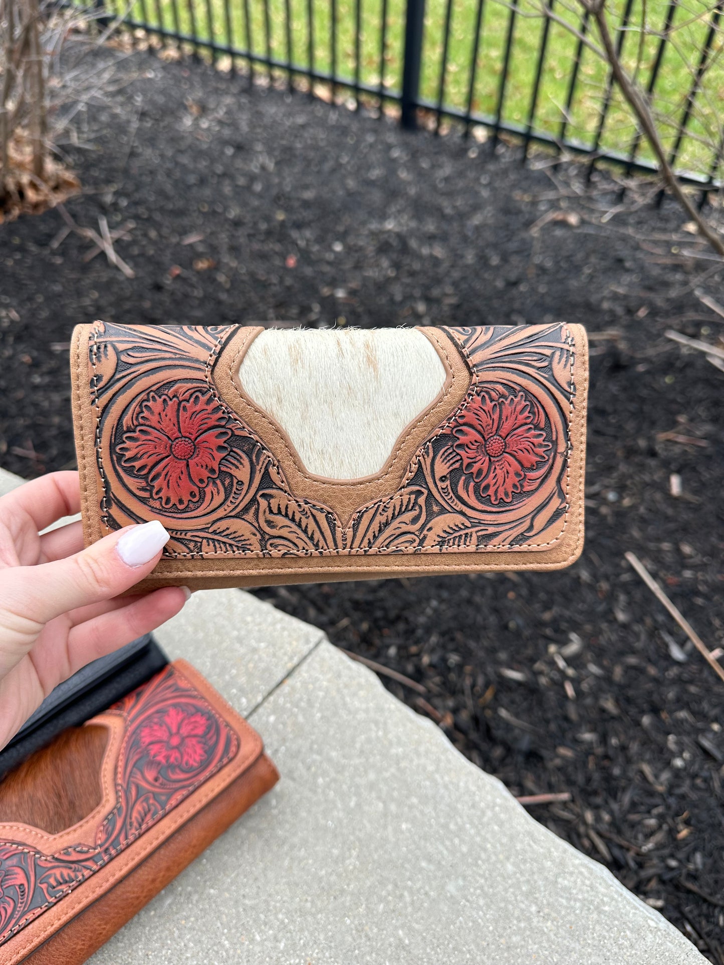 Trinity Ranch Floral Tooled and Hair-On Cowhide Collection Wallet