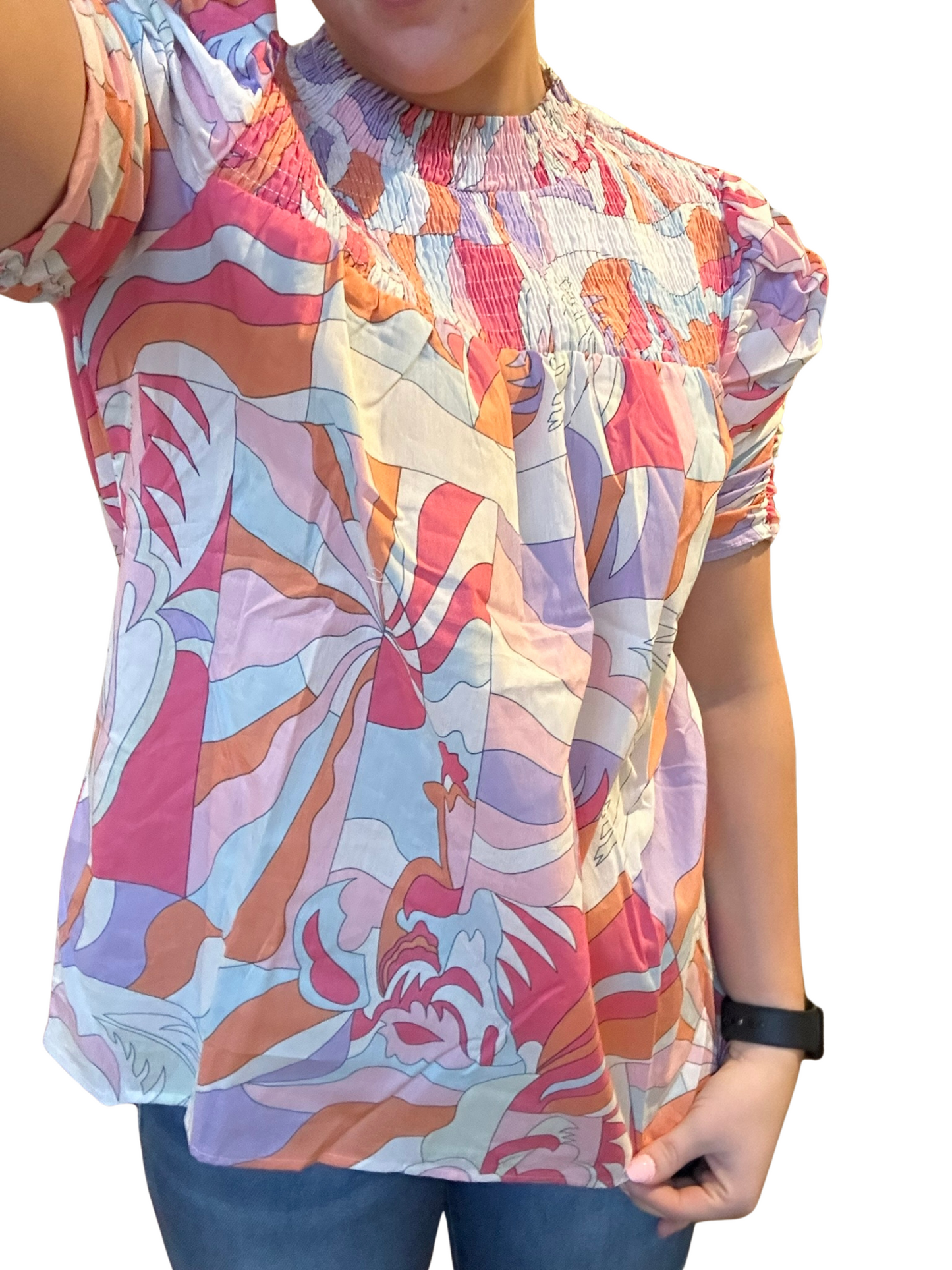 Abstract Print Bubble Sleeve Smock Detail Blouse