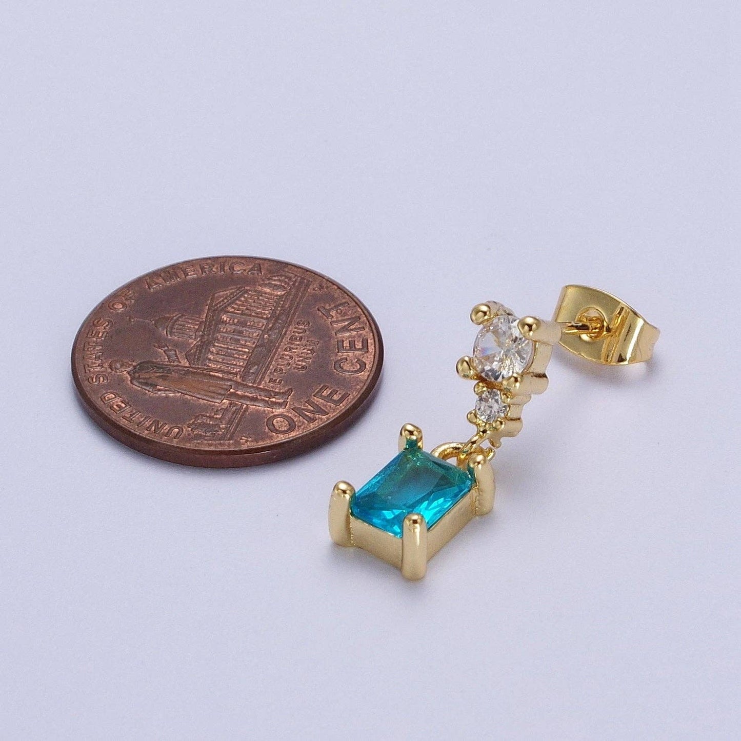 Gold Filled Aqua Blue Baguette Cubic Zirconia Dangle Drop Stud Earrings | Y119
