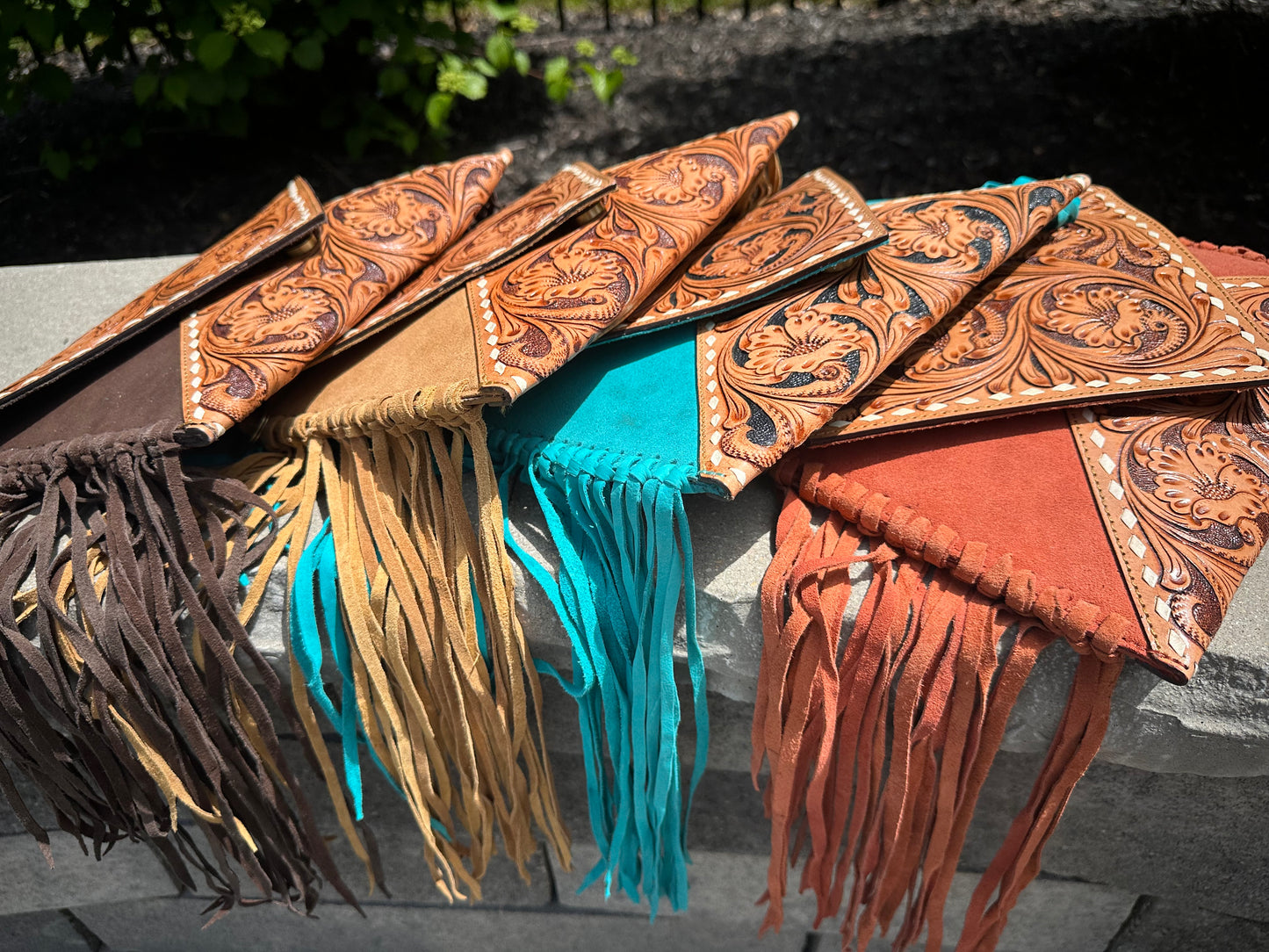 Hand Tooled Suede Leather Fringe Crossbody Bag