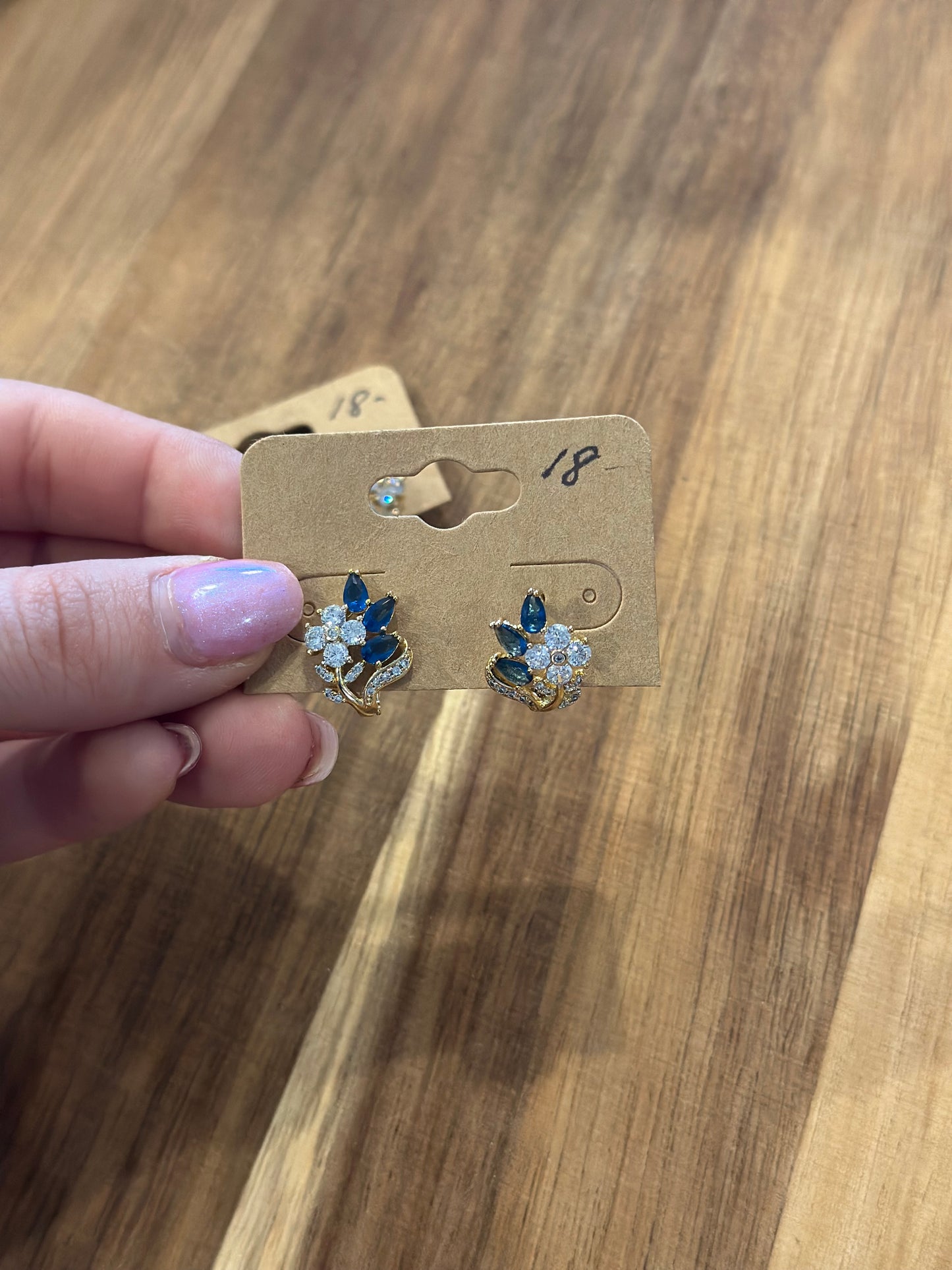 Gold Filled Flower Blue Teardrop CZ 13mm Huggie Earrings