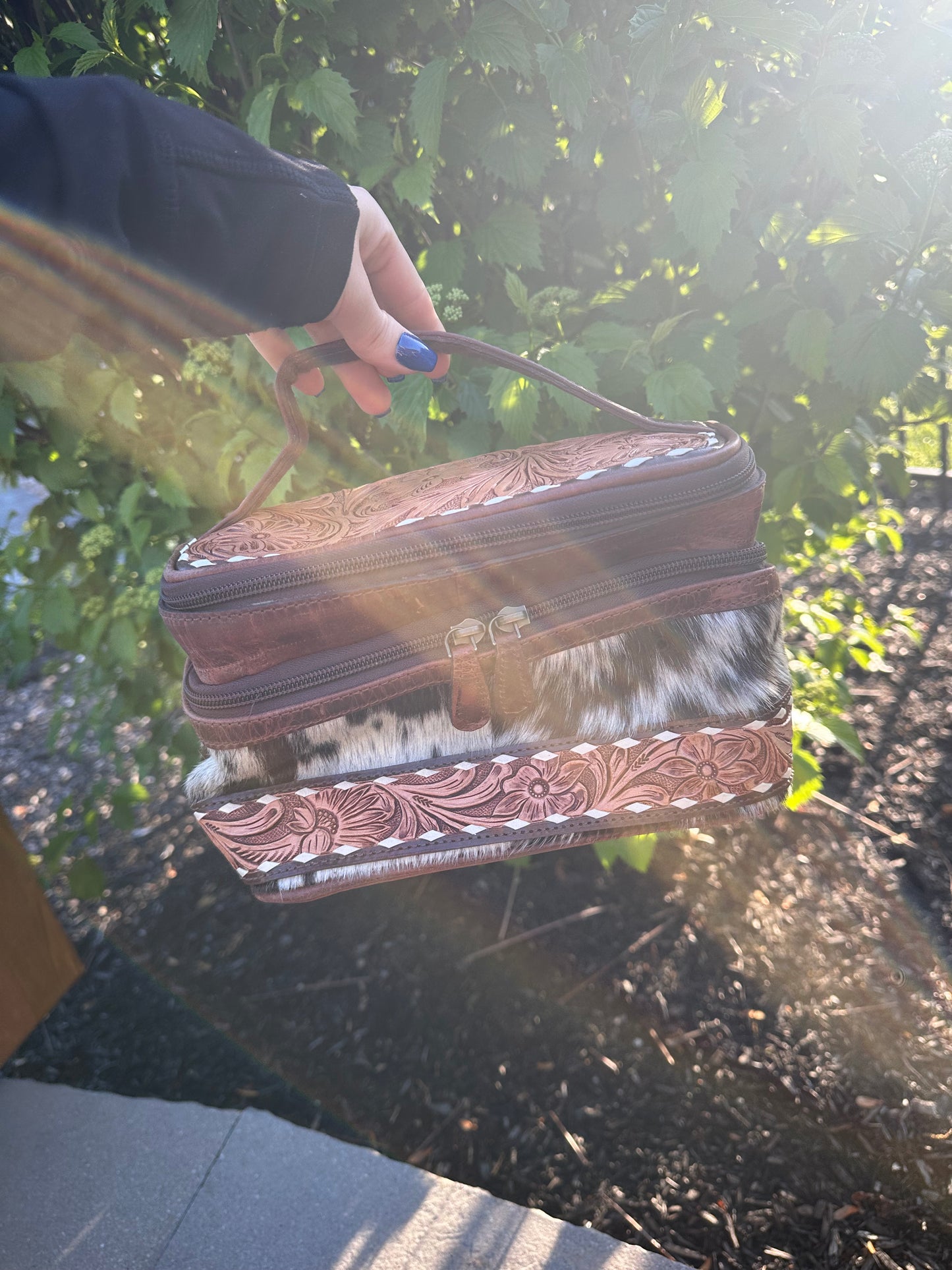 Hand Tooled Leather Cosmetic Make up Bag Women Travel Portable Pouch - Luxury Toiletry Bag