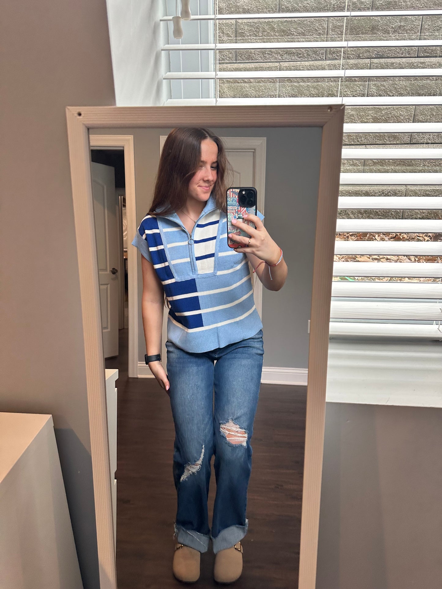 Sky Blue Stripe Colorblock Quarter Zip Collar Sweater Vest