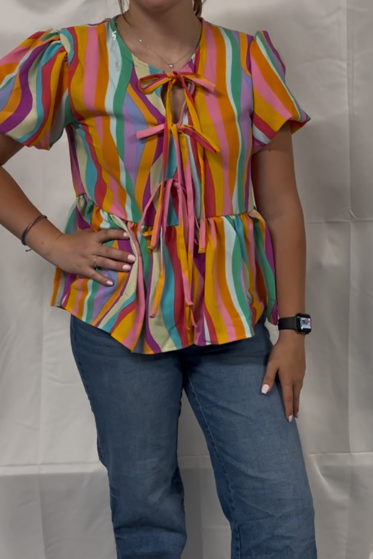 Multicolor Woven Top W/ Front Ribbon Bow Tie