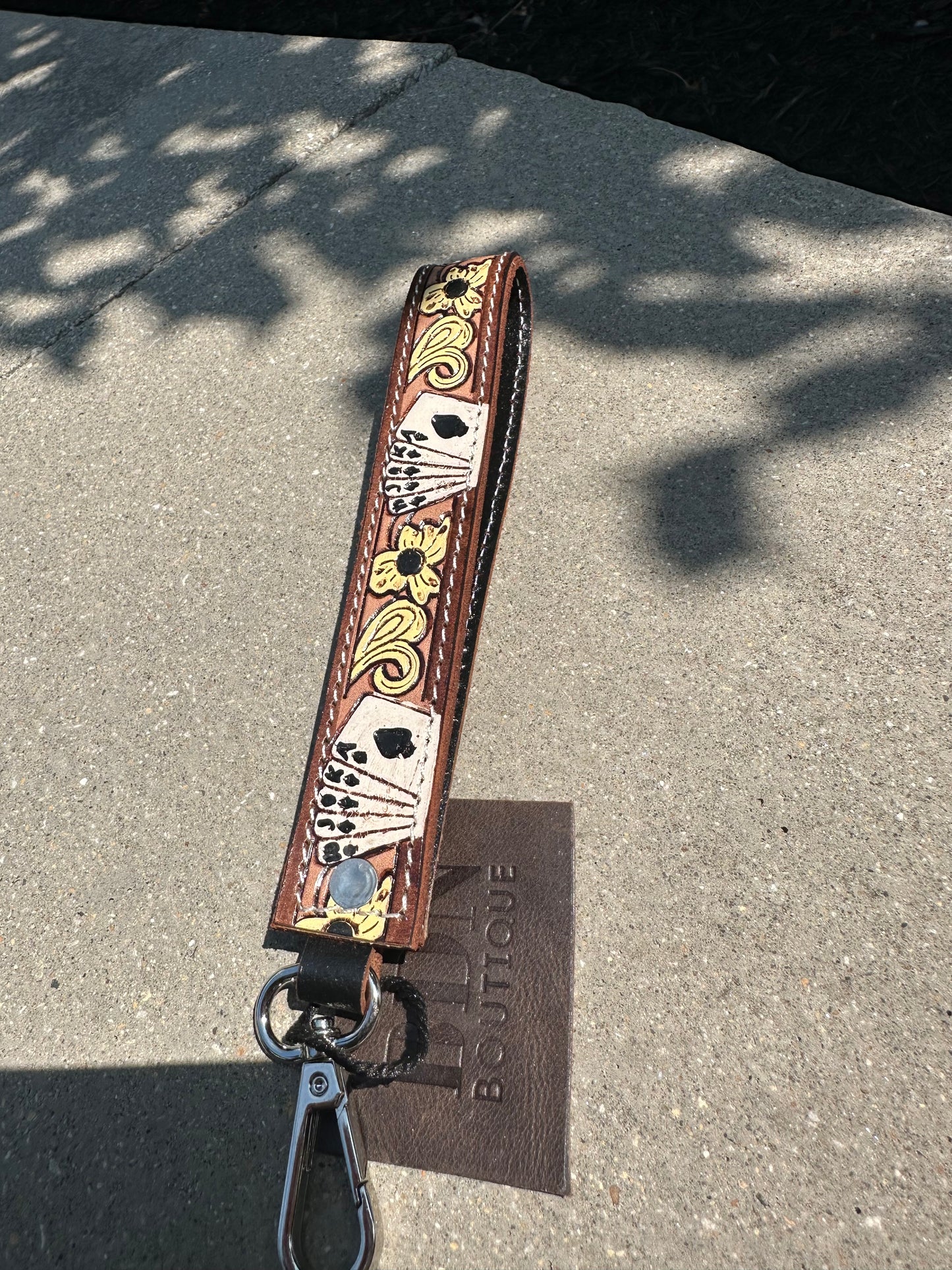 Tooled Leather Keychain - cards/yellow floral