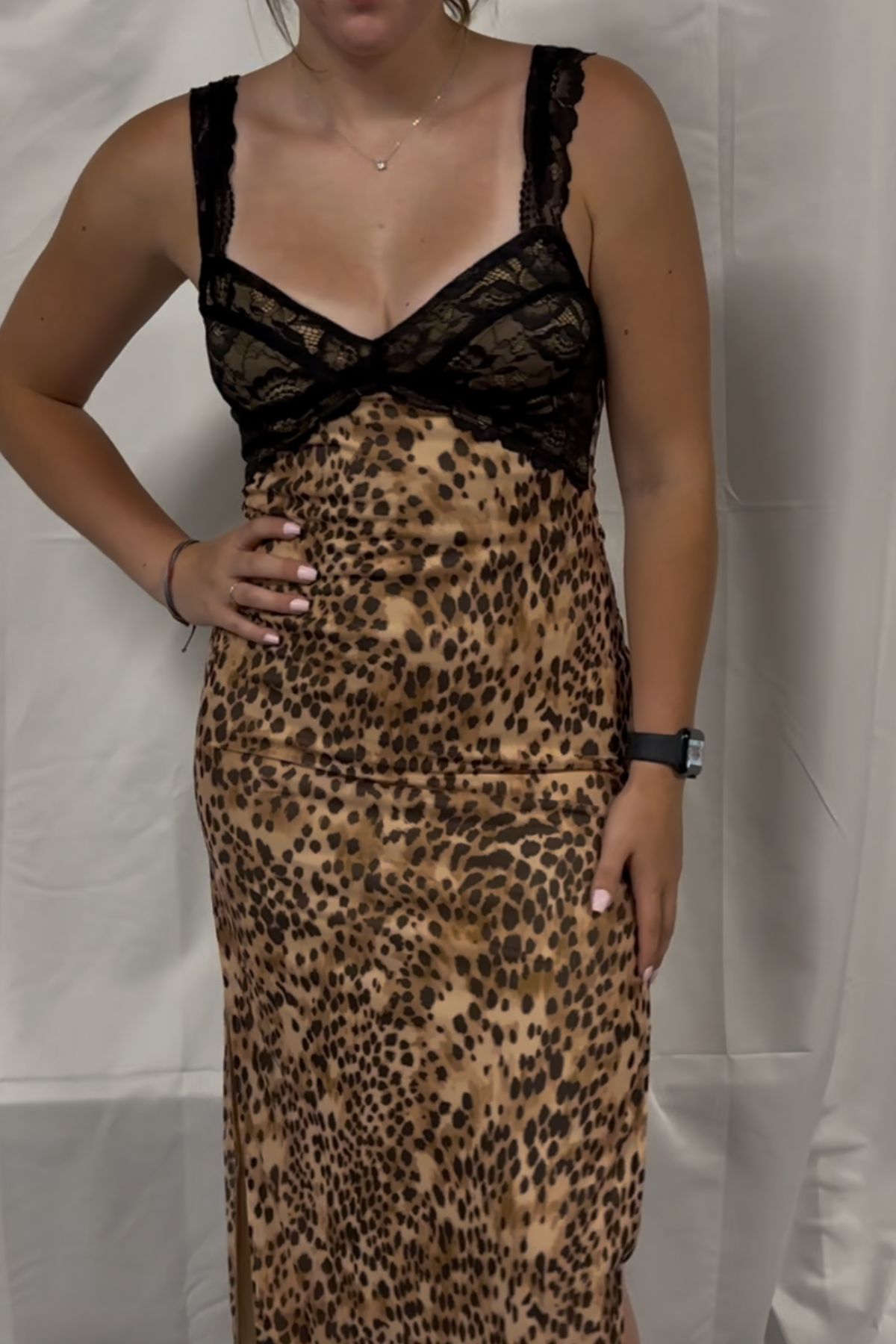 Mesh Leopard Lace Detail Side Slit Maxi Dress