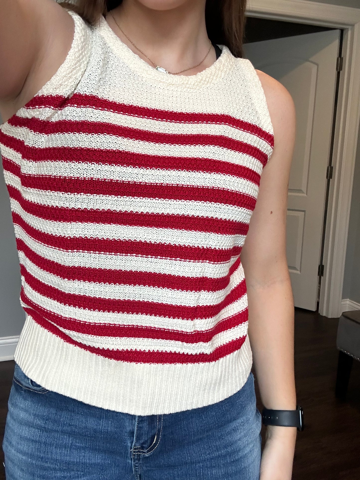Red Stripe Textured Knit Ribbed Hem Sweater Tank Top