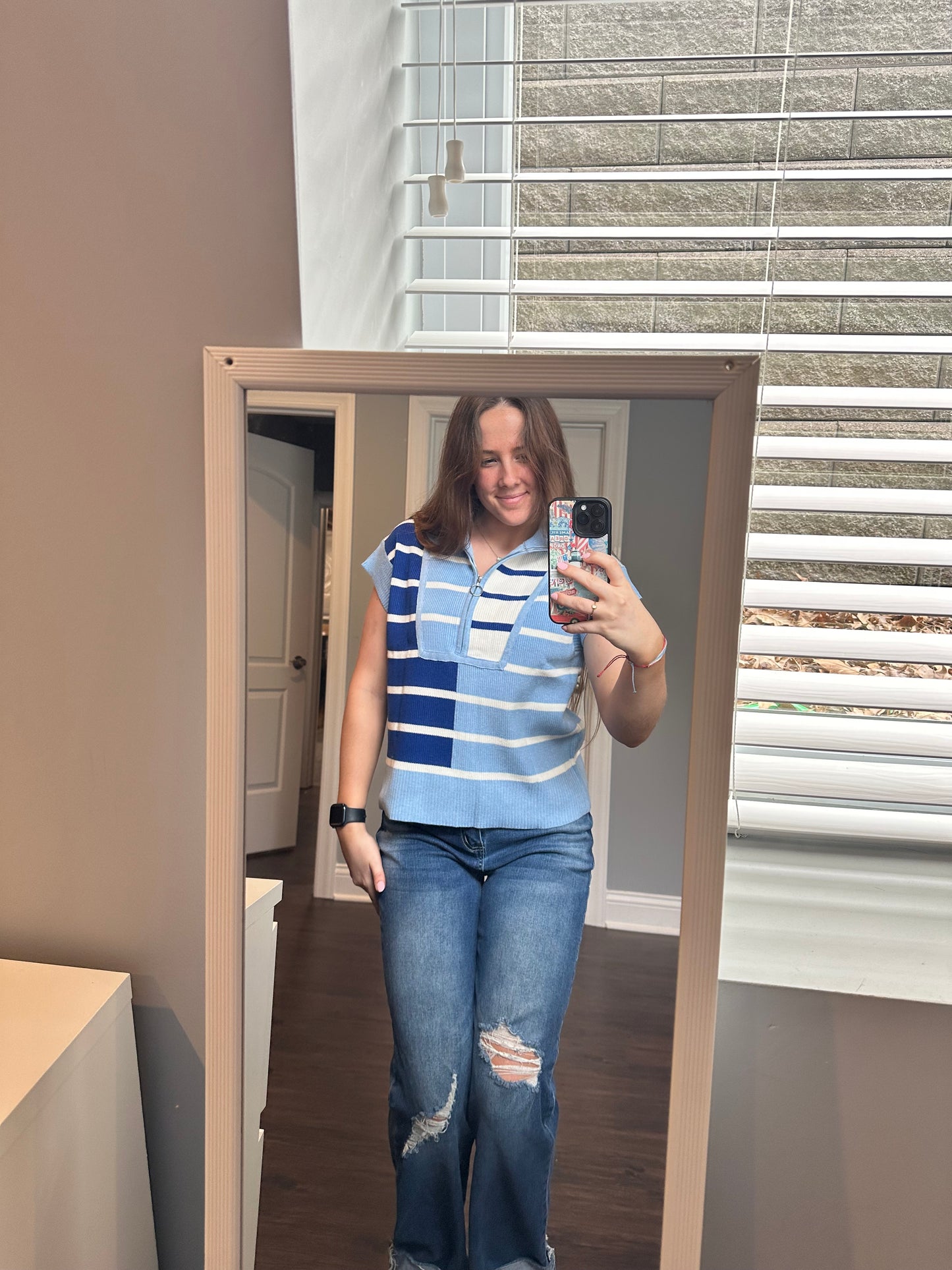 Sky Blue Stripe Colorblock Quarter Zip Collar Sweater Vest