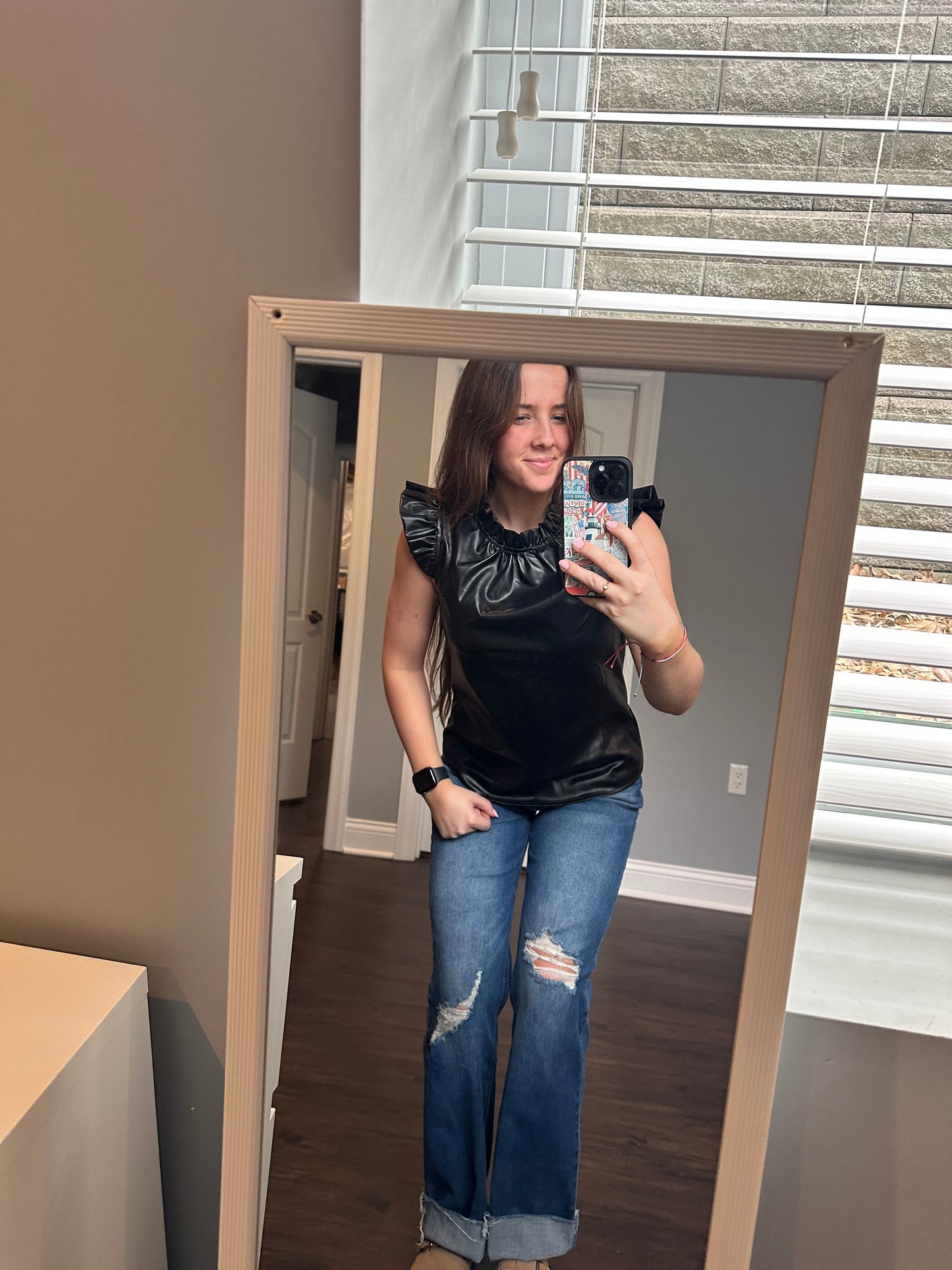 Black PU Leather Frilly Ruffle Trim Blouse