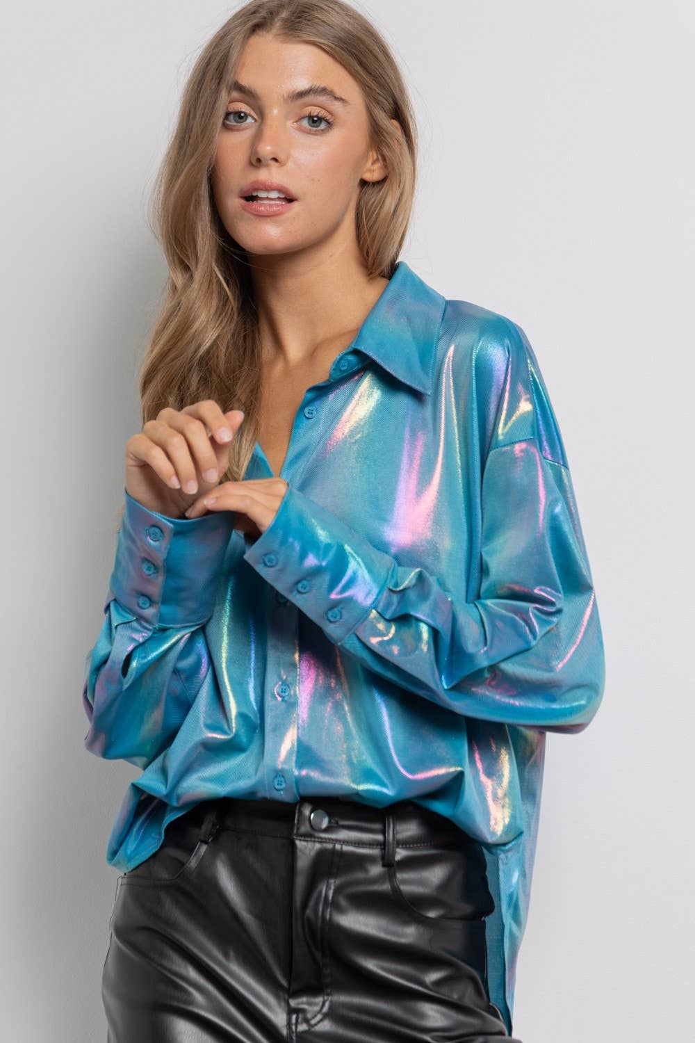 Rainbow Button Up Long Sleeve Blouse Shirt