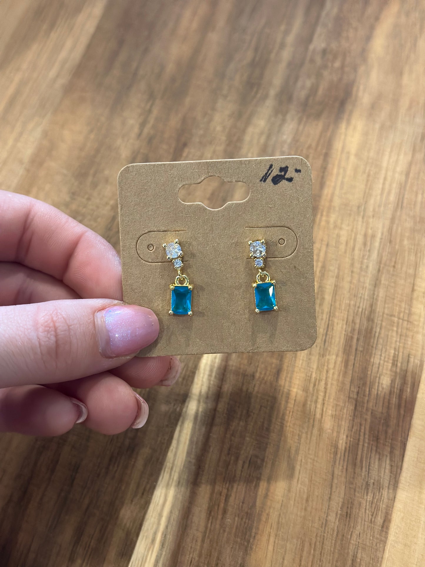 Gold Filled Aqua Blue Baguette Cubic Zirconia Dangle Drop Stud Earrings | Y119