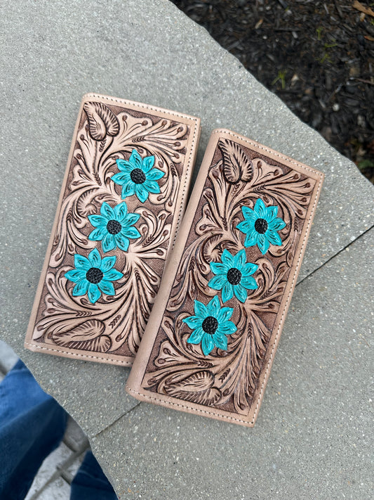 Hand Tooled Carving Leather Men's Wallet Western Style Turquoise