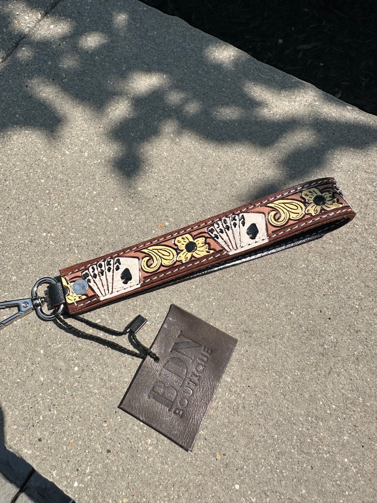 Tooled Leather Keychain - cards/yellow floral