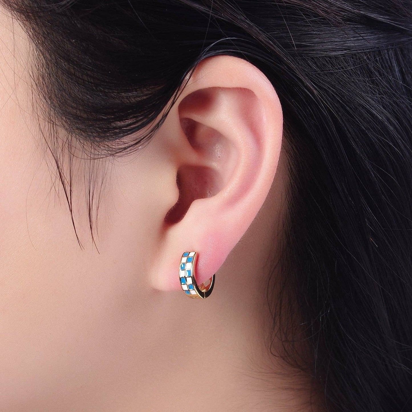 Gold Filled Enamel Checker Hoops Earring Retro Gold Hugg 24K